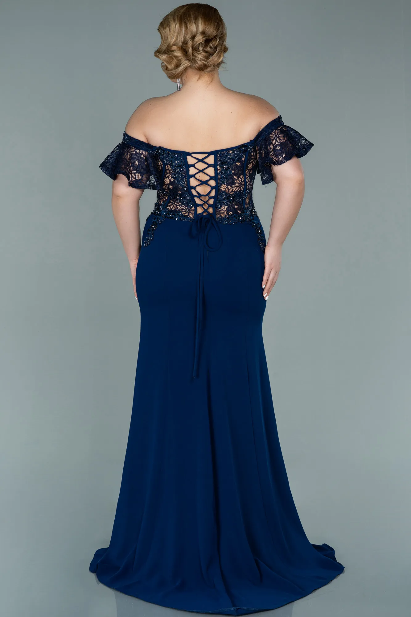 Navy Blue-Long Dantelle Oversized Evening Dress ABU2248