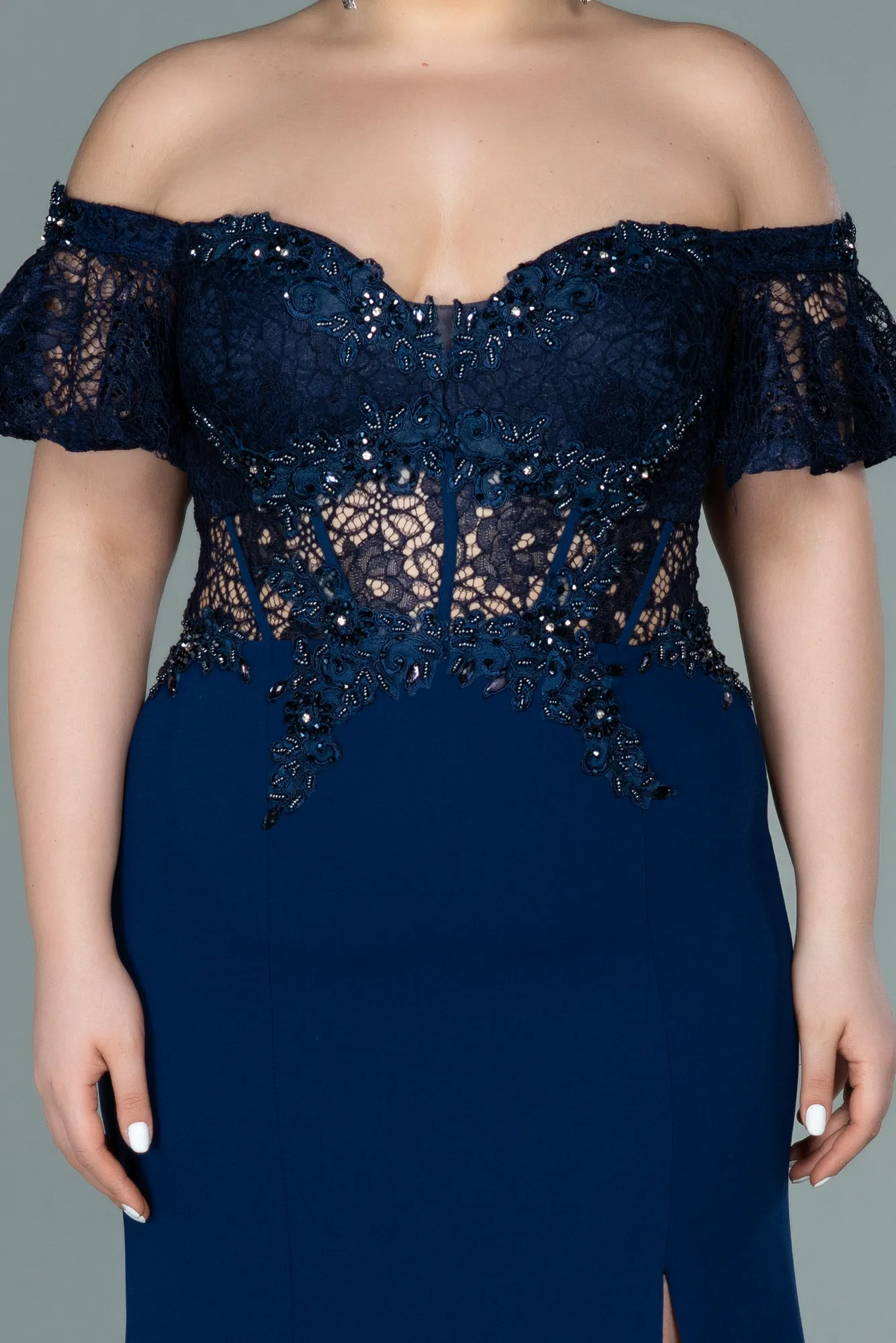 Navy Blue-Long Dantelle Oversized Evening Dress ABU2248
