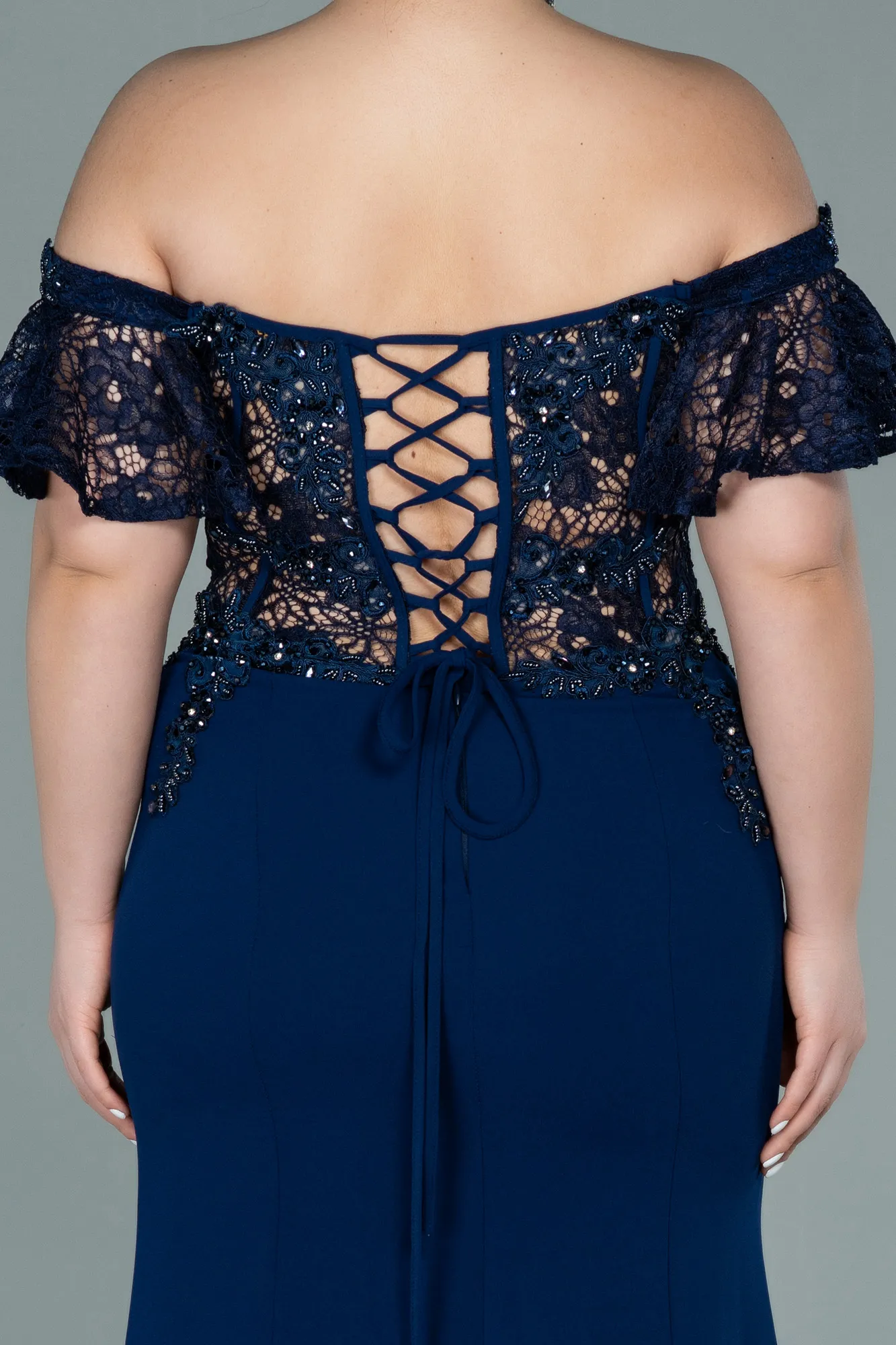 Navy Blue-Long Dantelle Oversized Evening Dress ABU2248