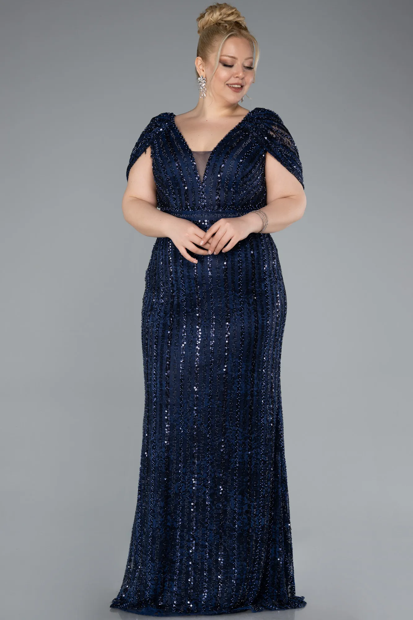 Navy Blue-Long Dantelle Plus Size Engagement Dress ABU4948