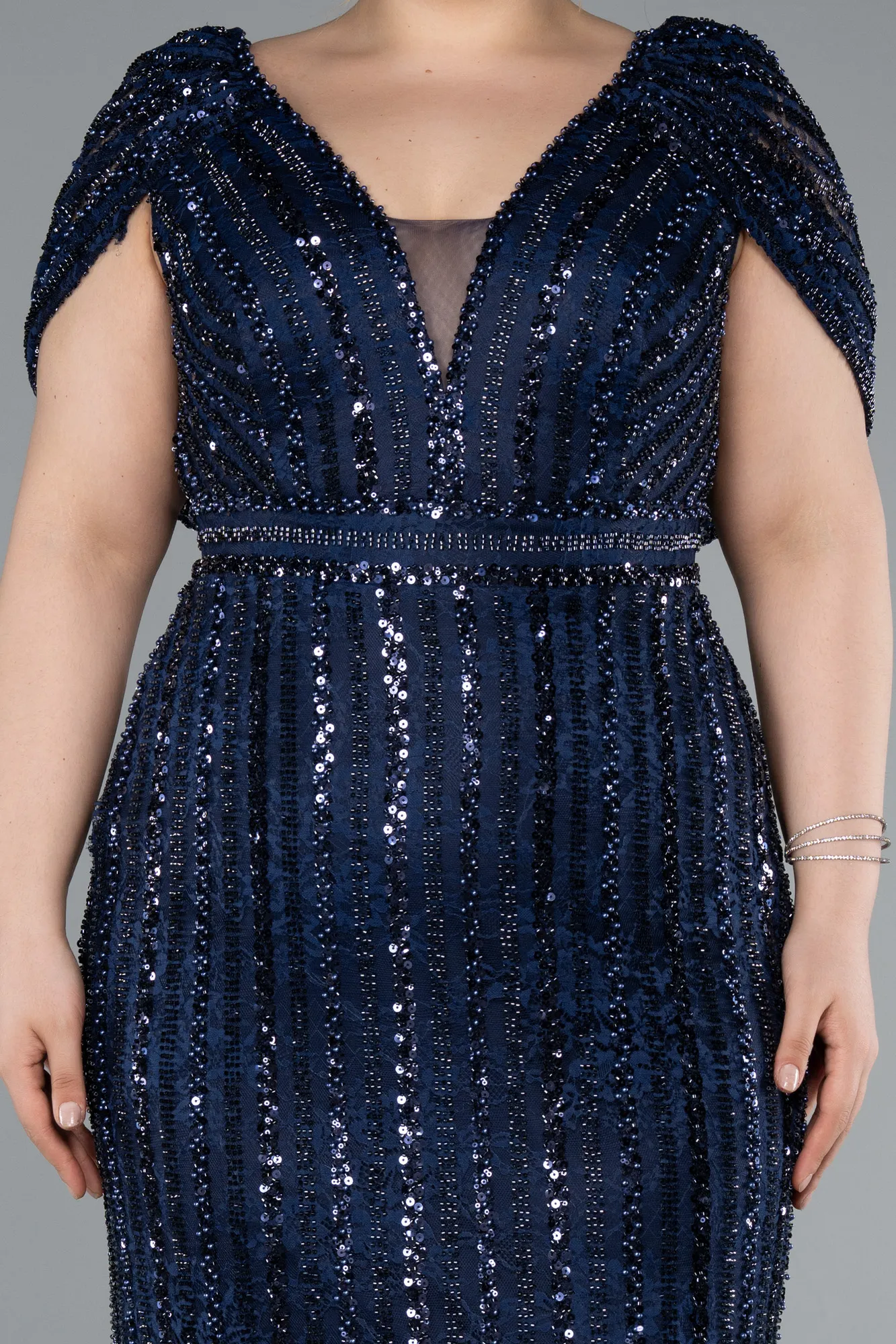 Navy Blue-Long Dantelle Plus Size Engagement Dress ABU4948