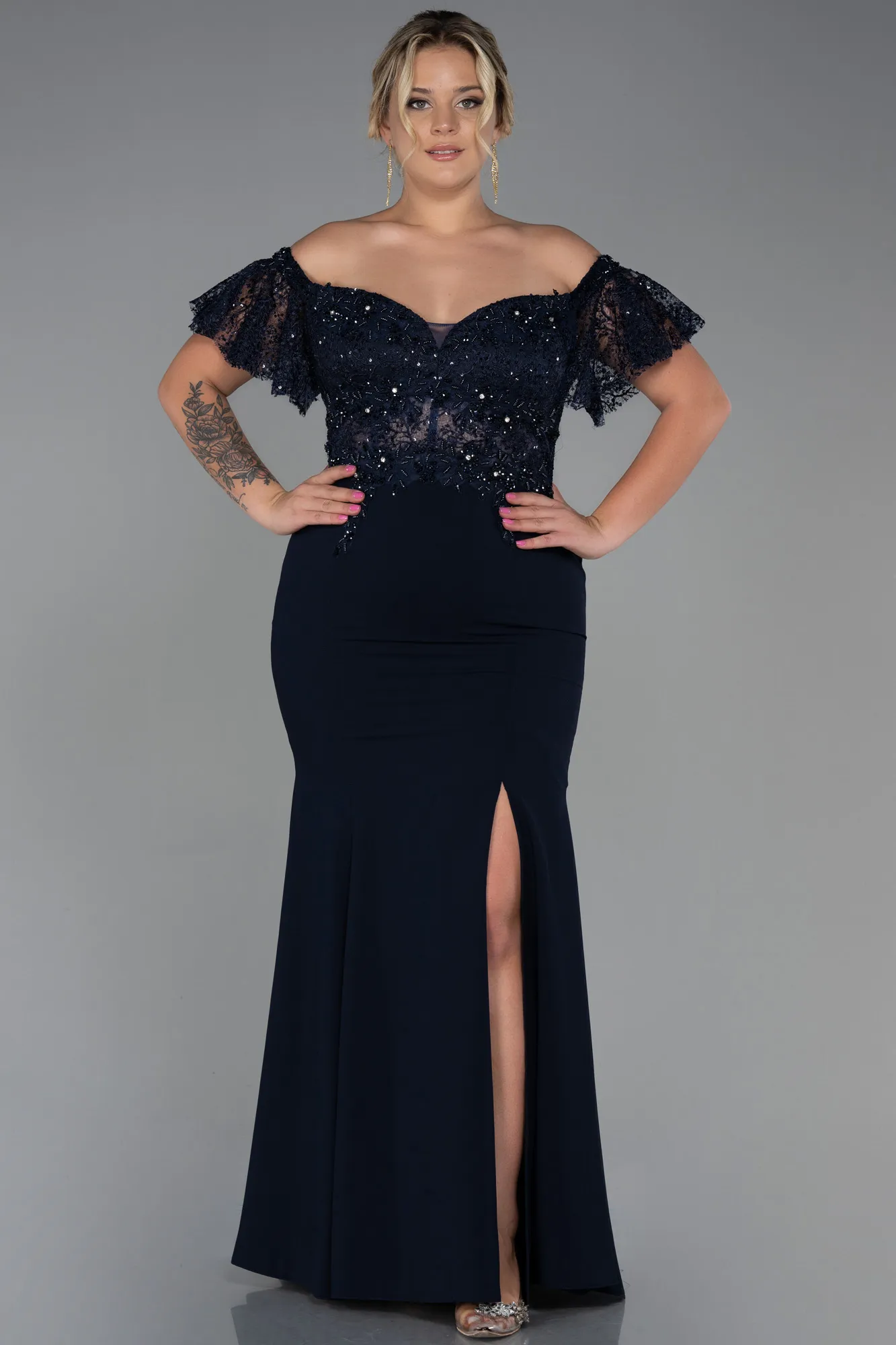 Navy Blue-Long Dantelle Plus Size Evening Dress ABU2571