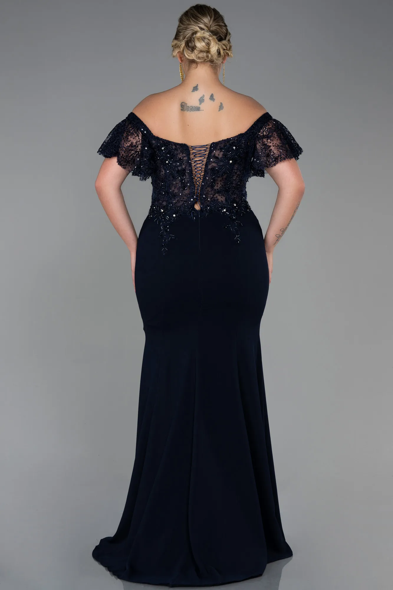 Navy Blue-Long Dantelle Plus Size Evening Dress ABU2571