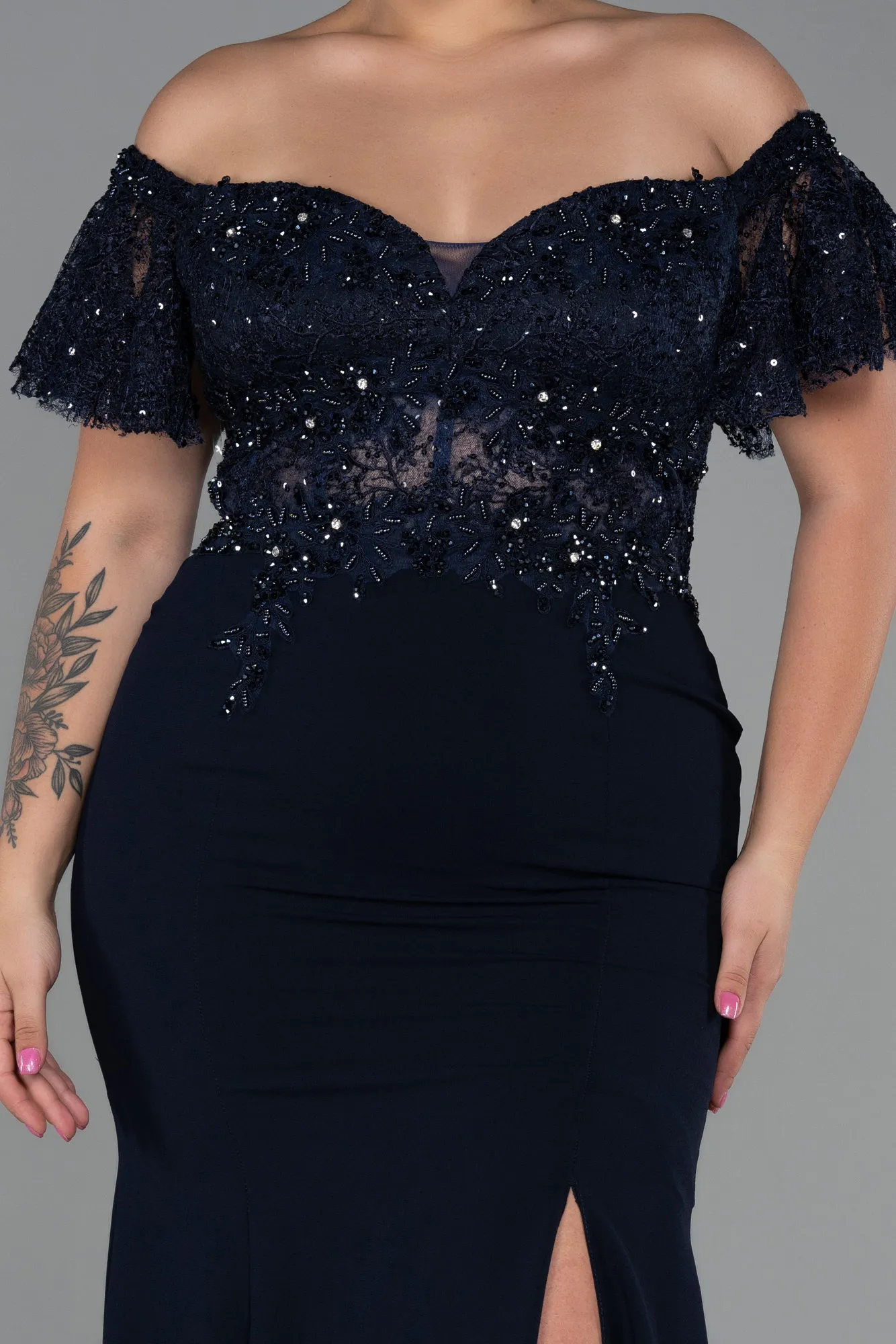 Navy Blue-Long Dantelle Plus Size Evening Dress ABU2571