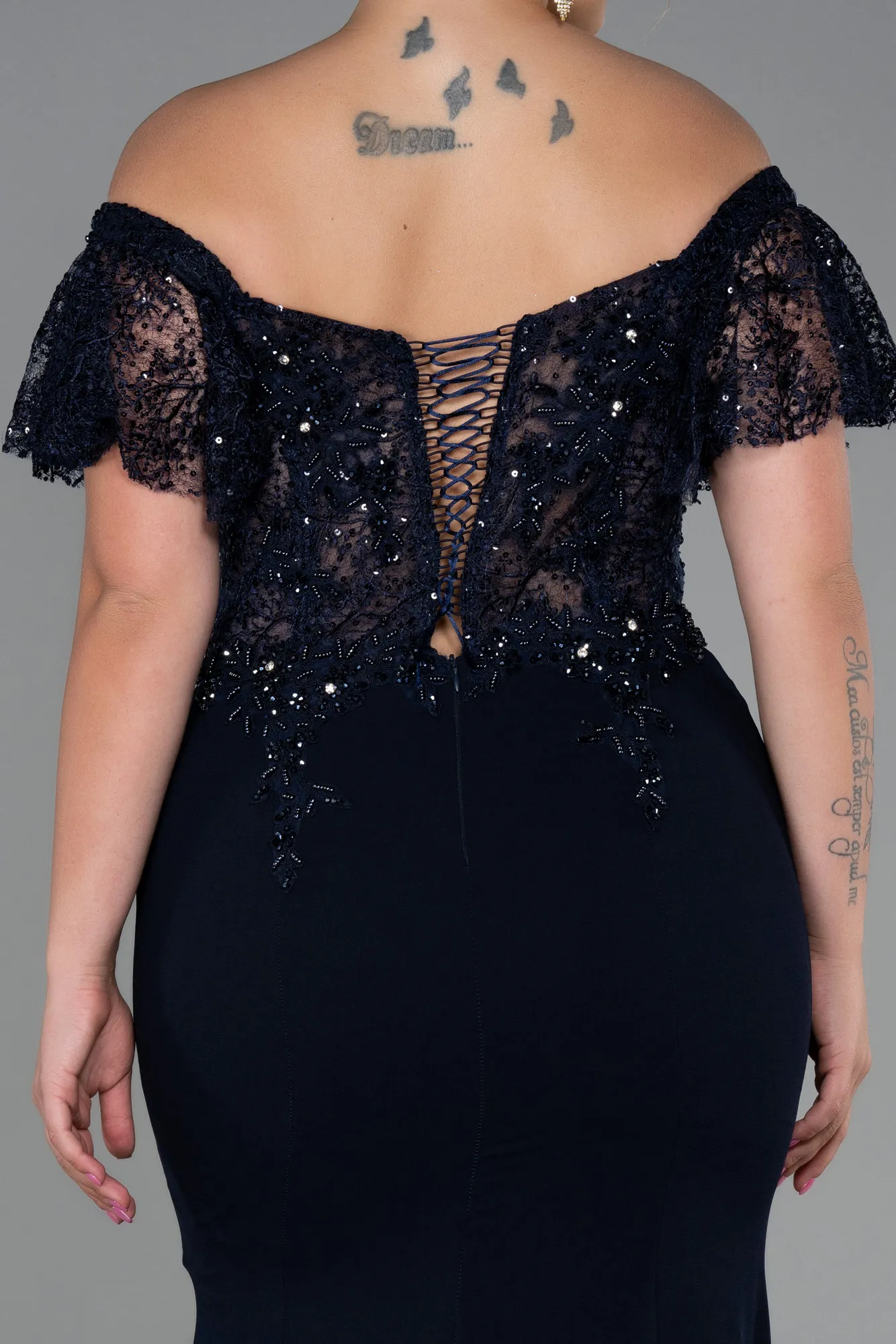 Navy Blue-Long Dantelle Plus Size Evening Dress ABU2571