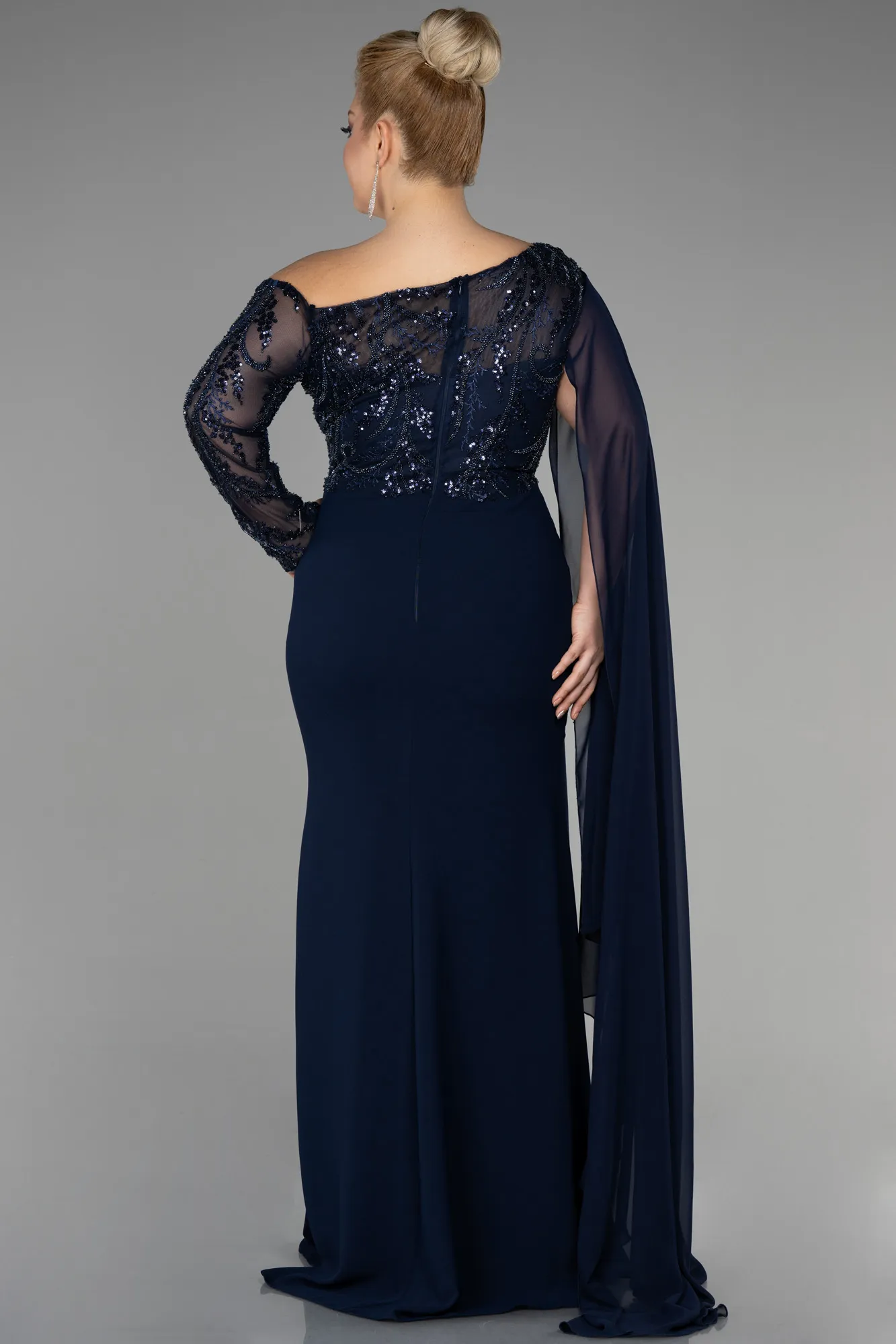 Navy Blue-Long Dantelle Plus Size Evening Dress ABU3512
