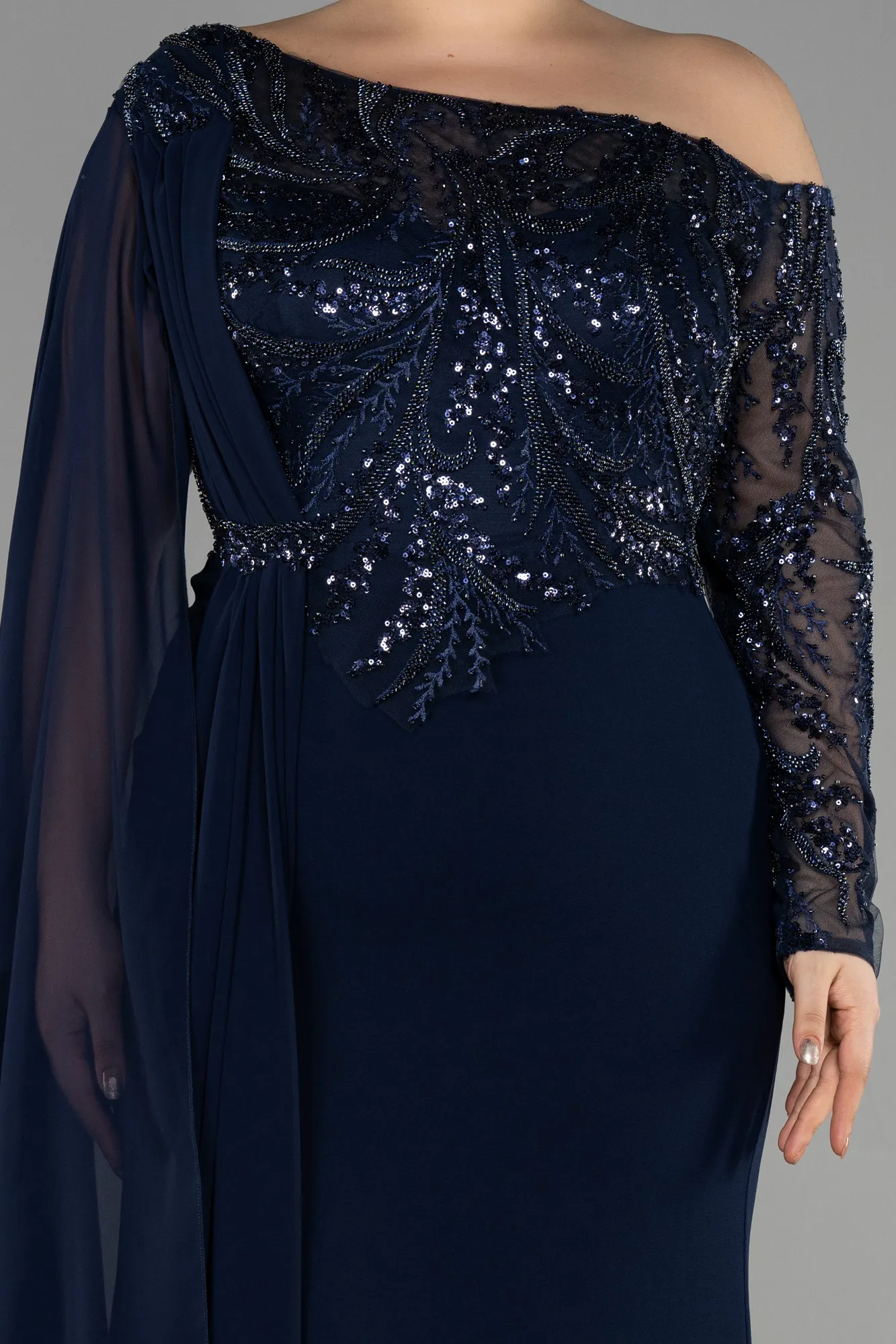 Navy Blue-Long Dantelle Plus Size Evening Dress ABU3512