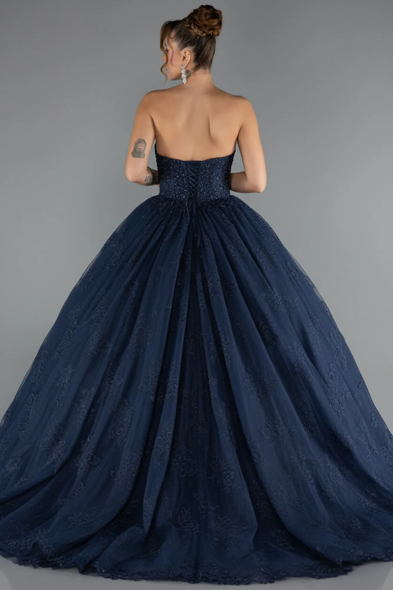 Navy Blue-Long Dantelle Special Design Engagement Dress ABU5375