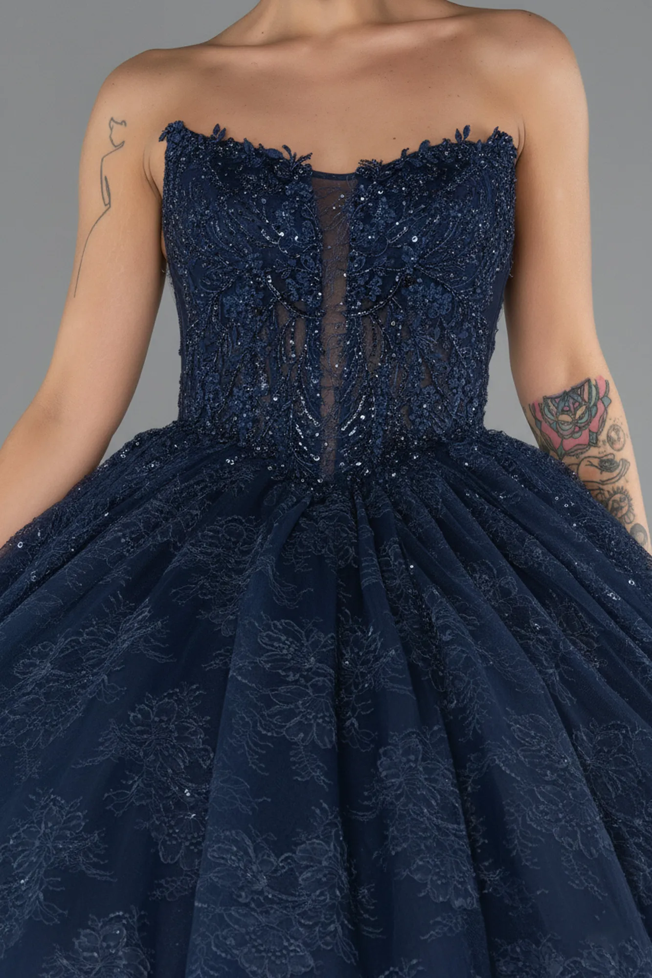 Navy Blue-Long Dantelle Special Design Engagement Dress ABU5375