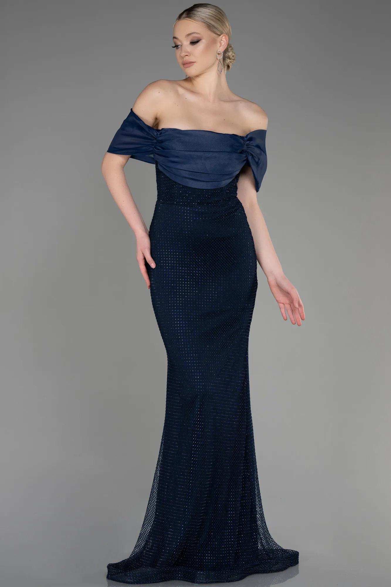 Navy Blue-Long File Mermaid Prom Dress ABU3769