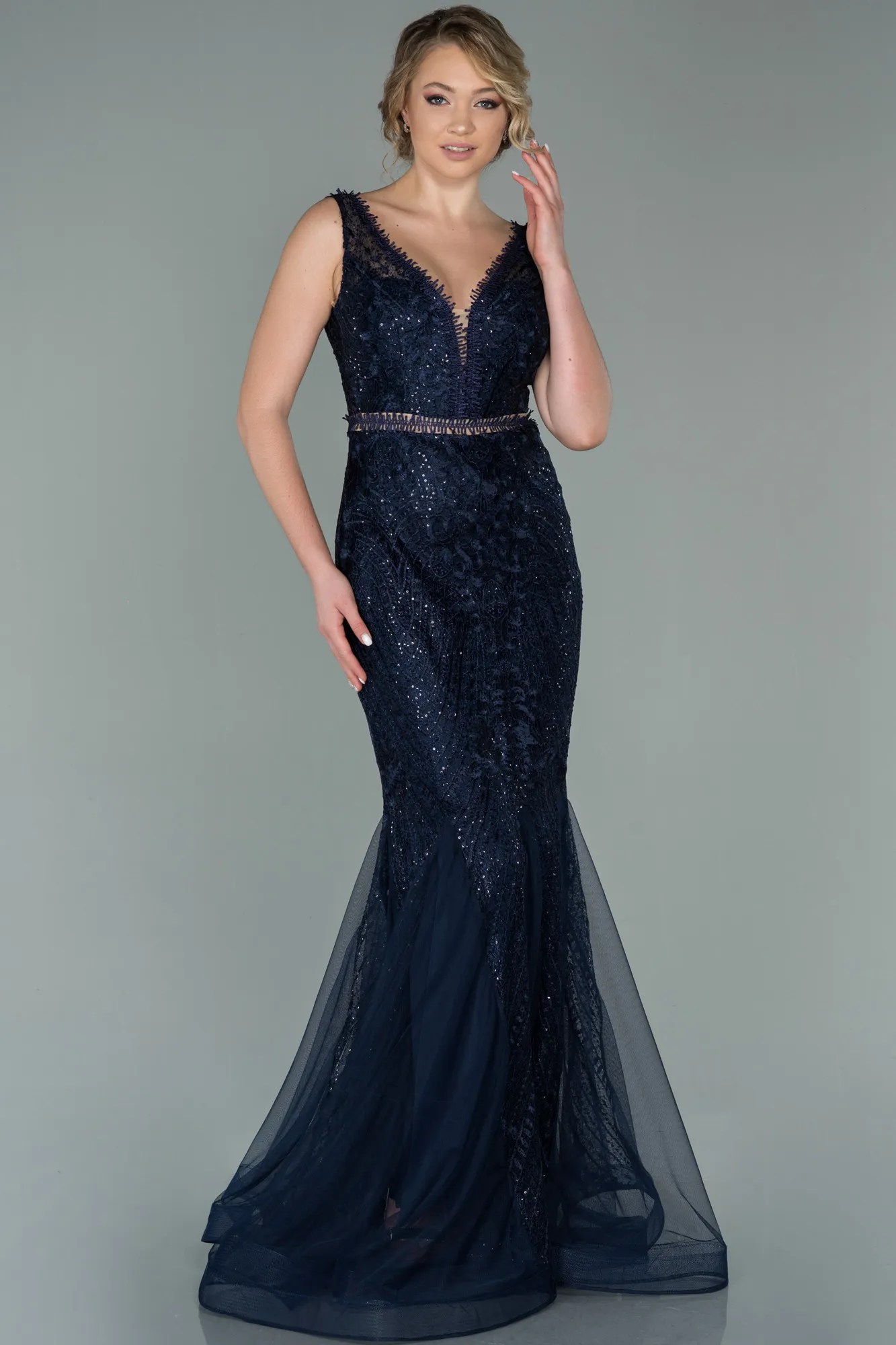 Navy Blue-Long Laced Evening Dress ABU1611