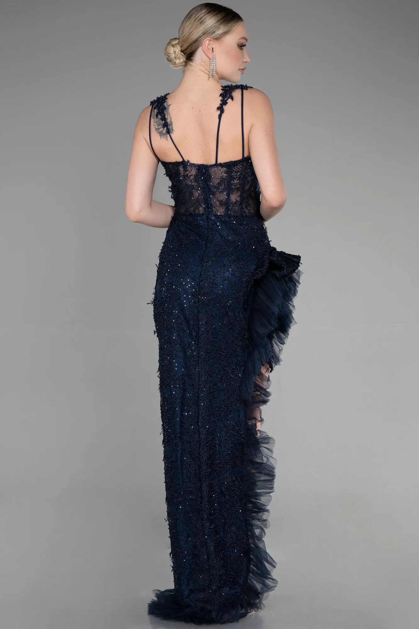 Navy Blue-Long Laced Evening Dress ABU3317