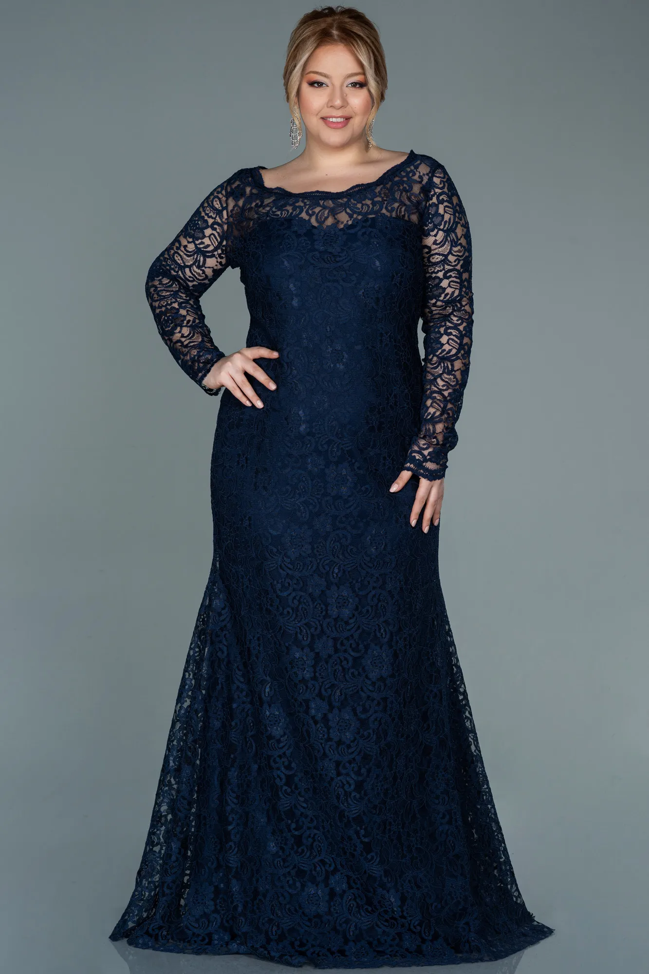 Navy Blue-Long Laced Oversized Evening Dress ABU1574