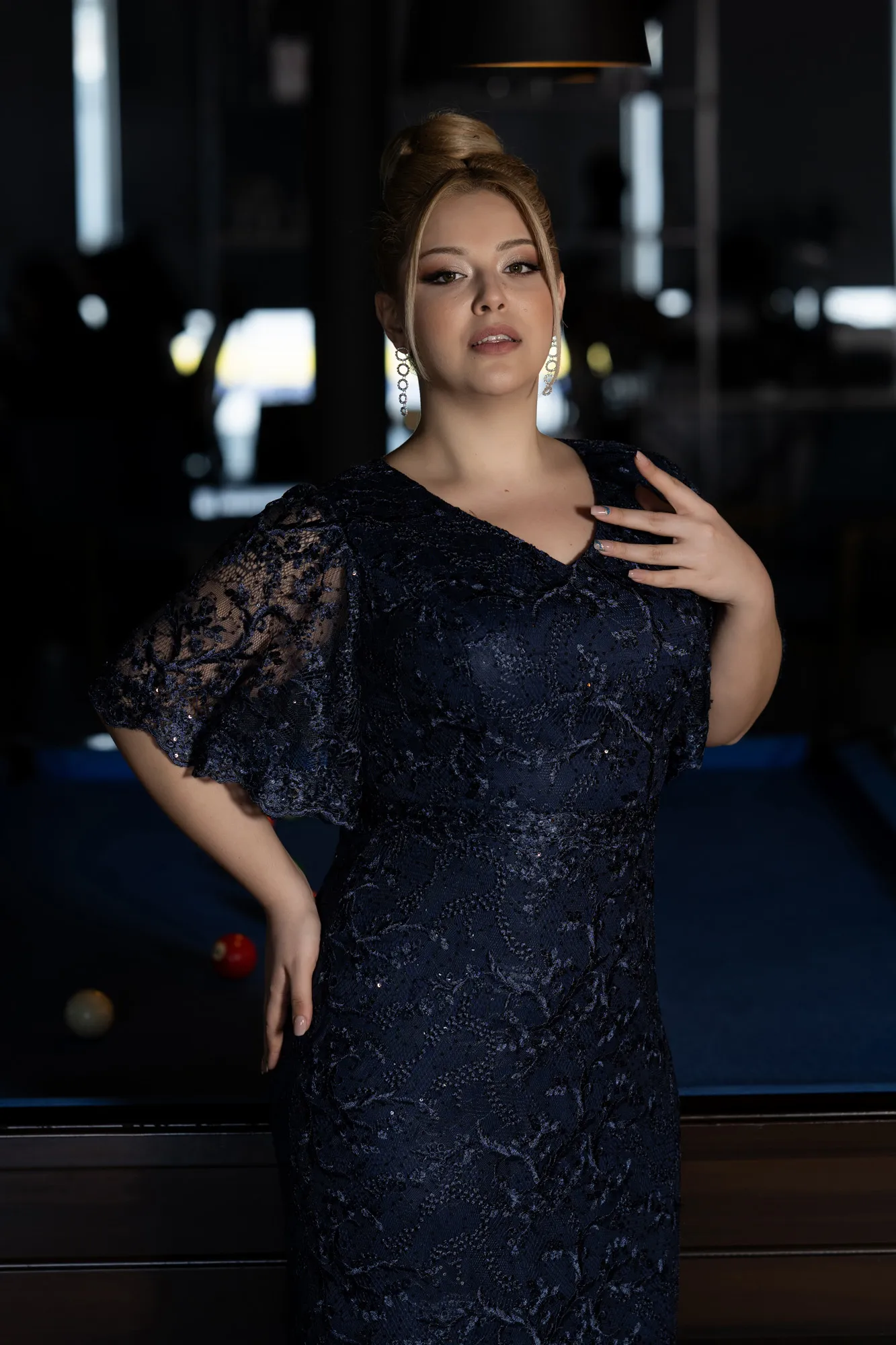 Navy Blue-Long Laced Plus Size Engagement Dress ABU3614