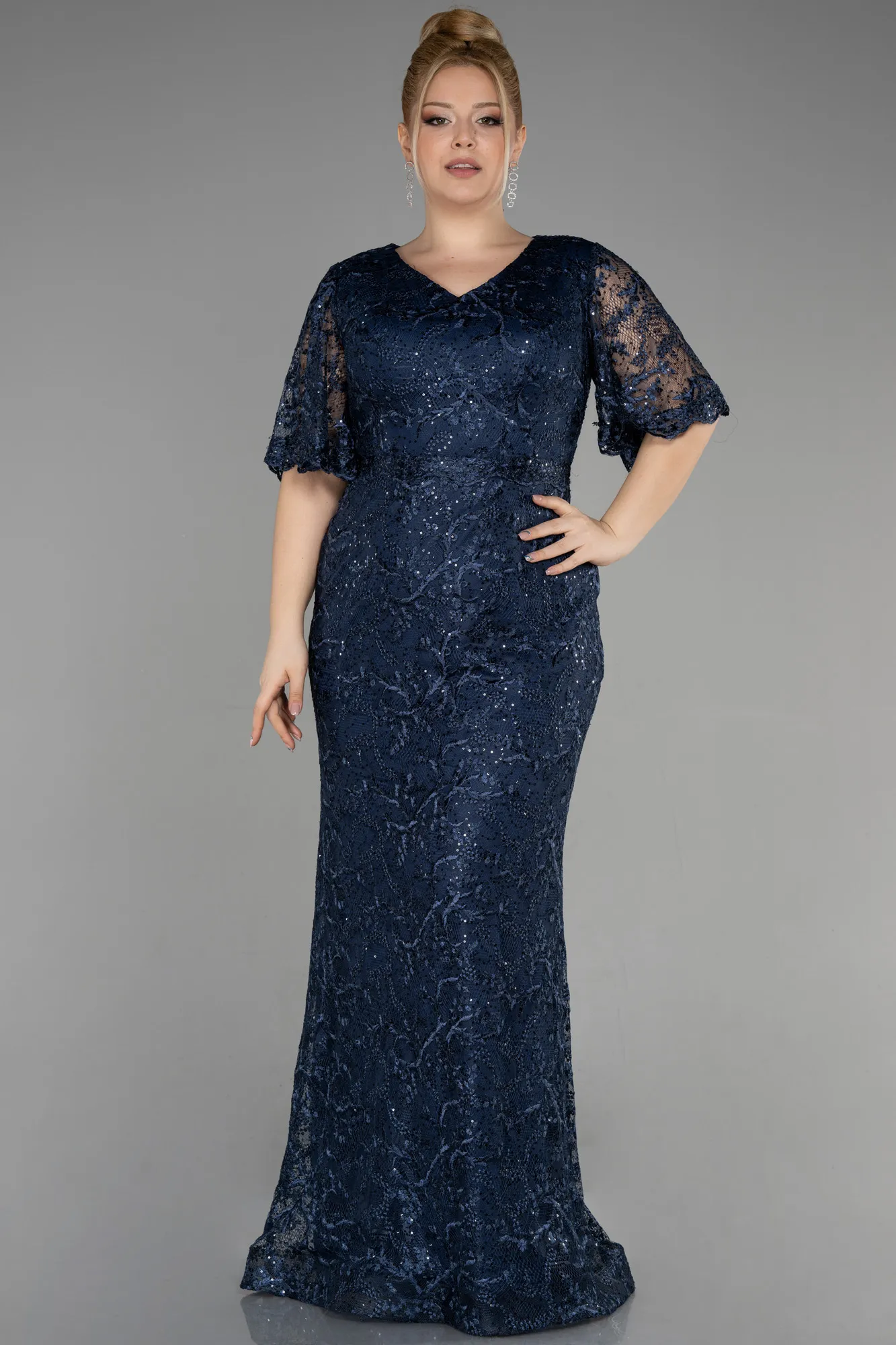 Navy Blue-Long Laced Plus Size Engagement Dress ABU3614