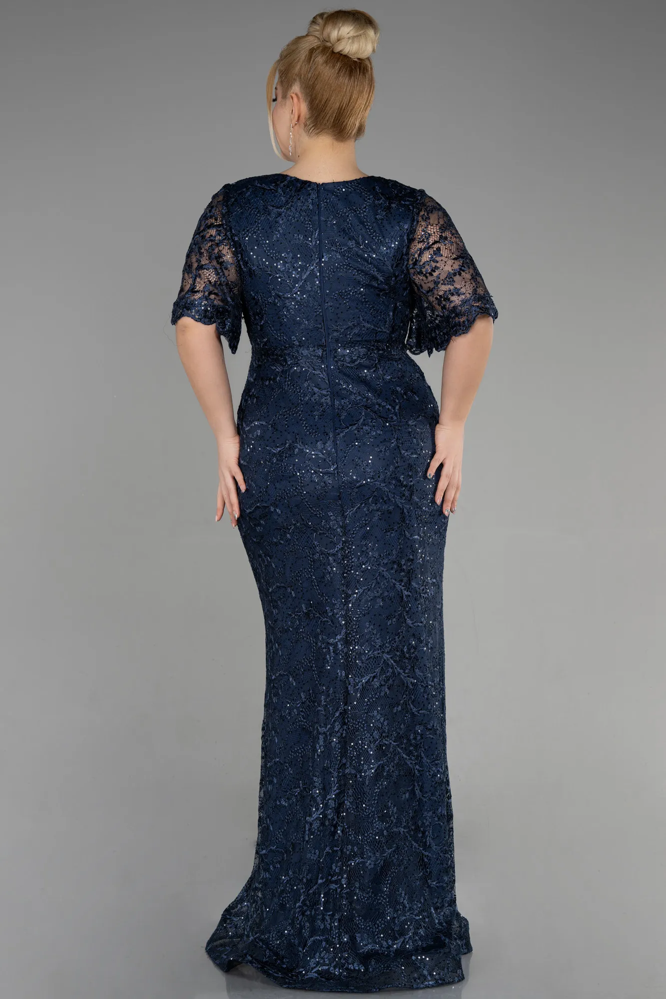Navy Blue-Long Laced Plus Size Engagement Dress ABU3614