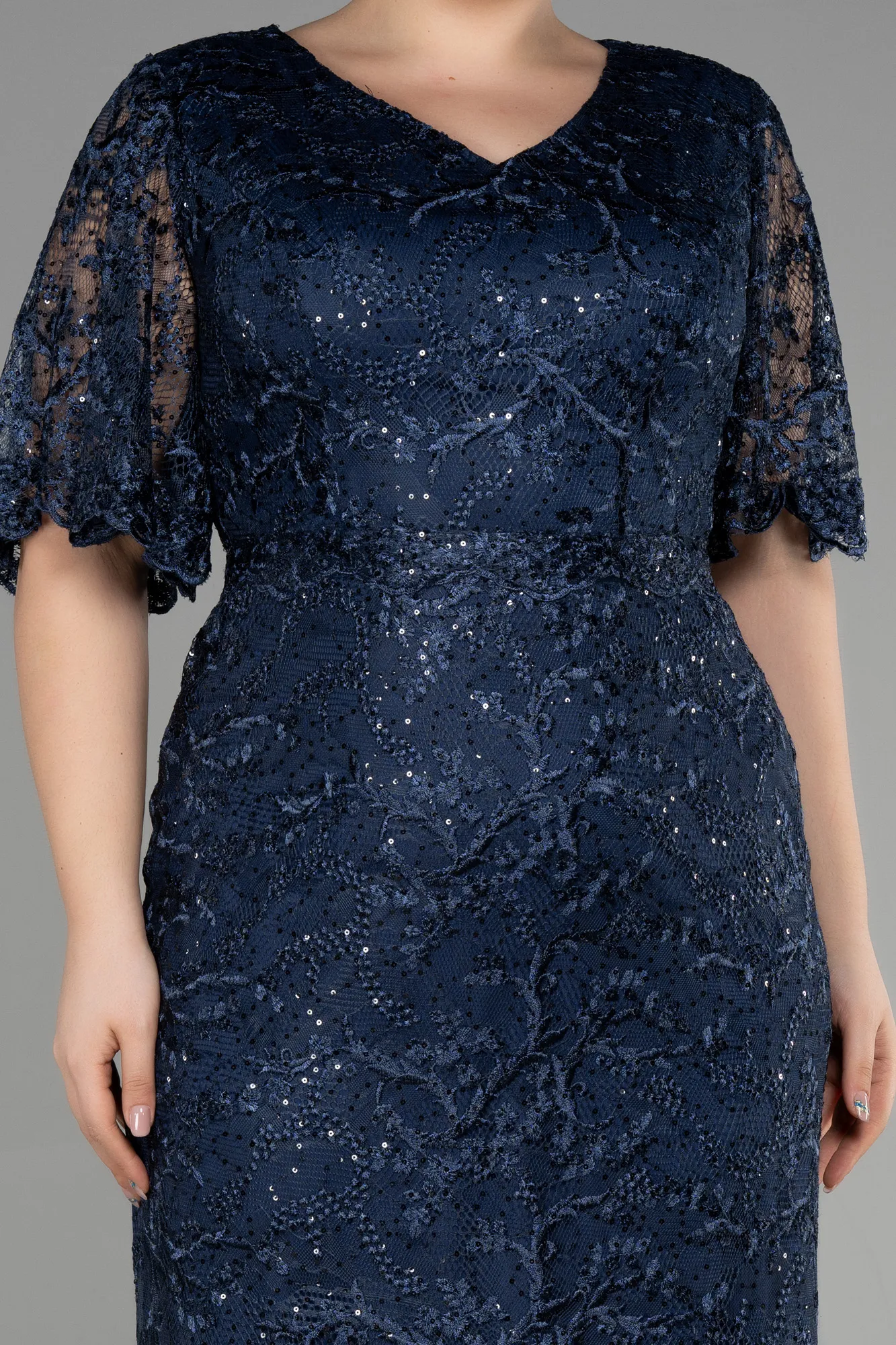 Navy Blue-Long Laced Plus Size Engagement Dress ABU3614