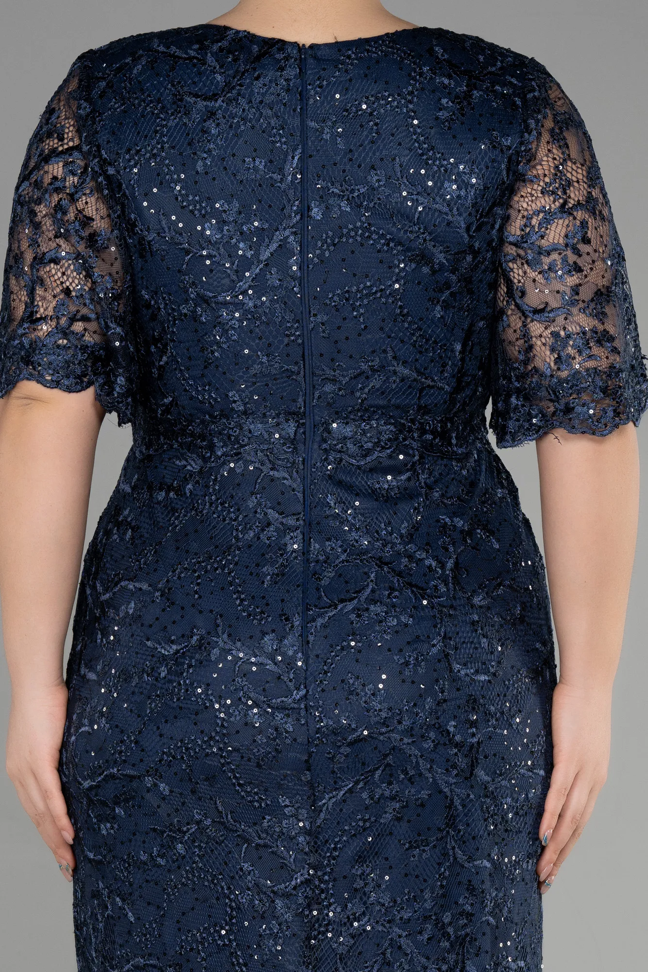 Navy Blue-Long Laced Plus Size Engagement Dress ABU3614