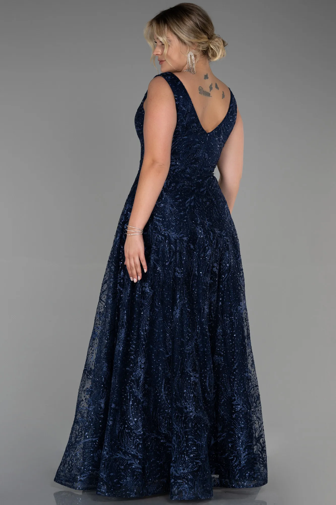 Navy Blue-Long Laced Plus Size Evening Dress ABU3287