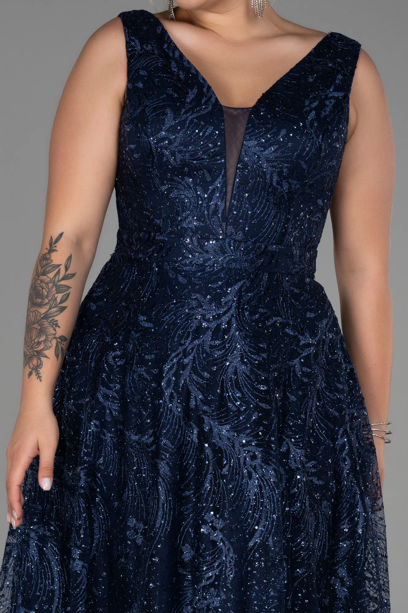 Navy Blue-Long Laced Plus Size Evening Dress ABU3287