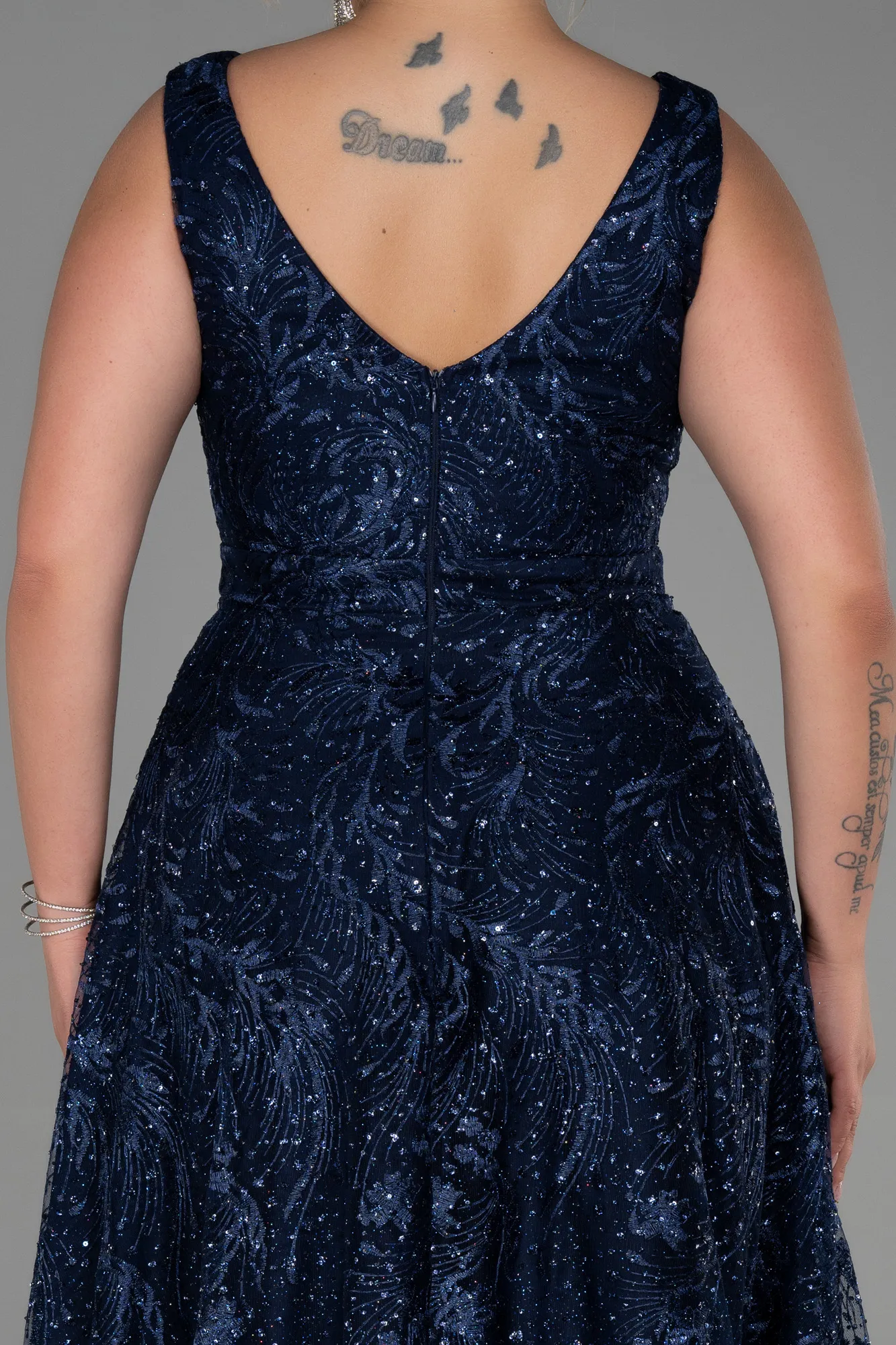 Navy Blue-Long Laced Plus Size Evening Dress ABU3287