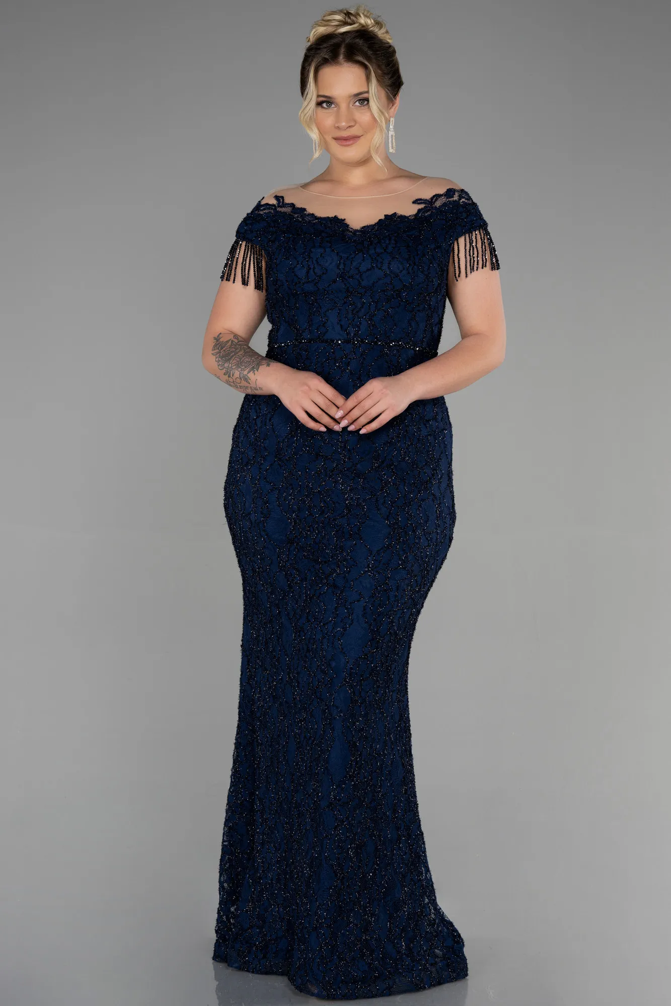 Navy Blue-Long Laced Plus Size Evening Dress ABU3435