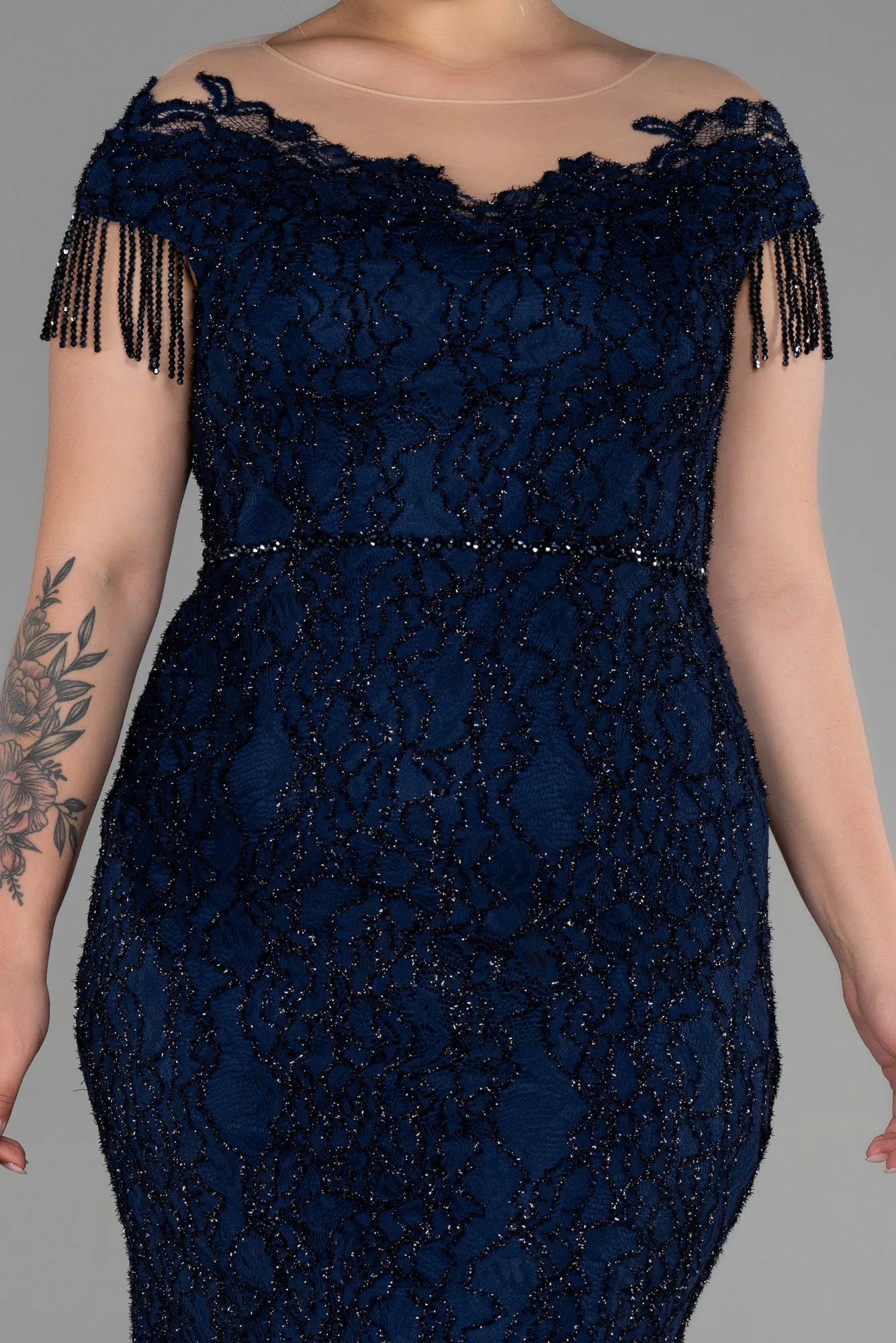 Navy Blue-Long Laced Plus Size Evening Dress ABU3435