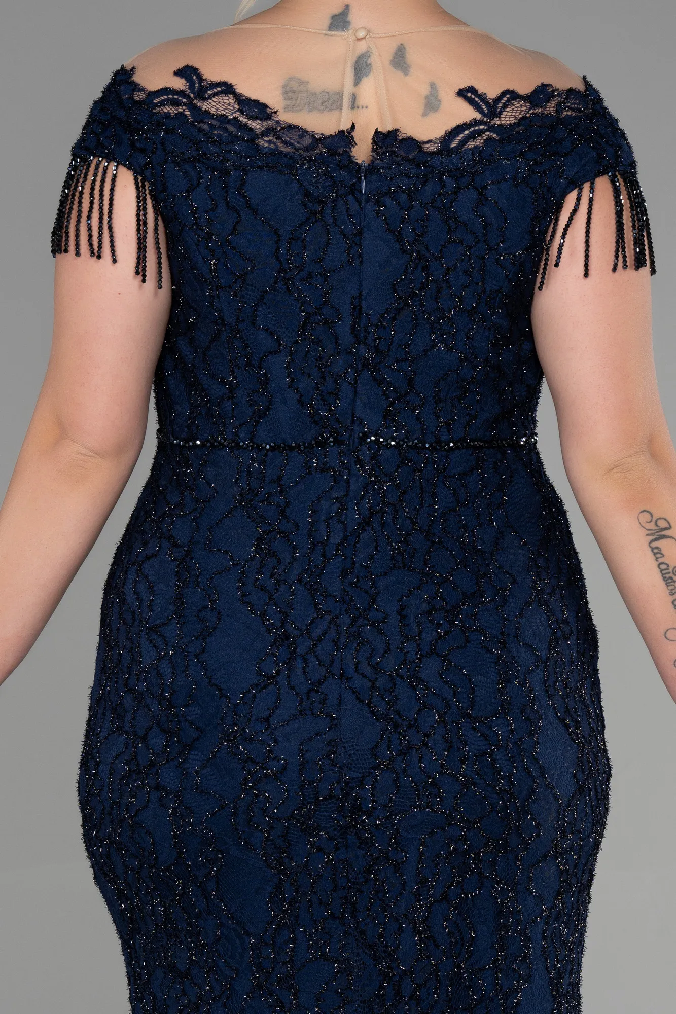 Navy Blue-Long Laced Plus Size Evening Dress ABU3435