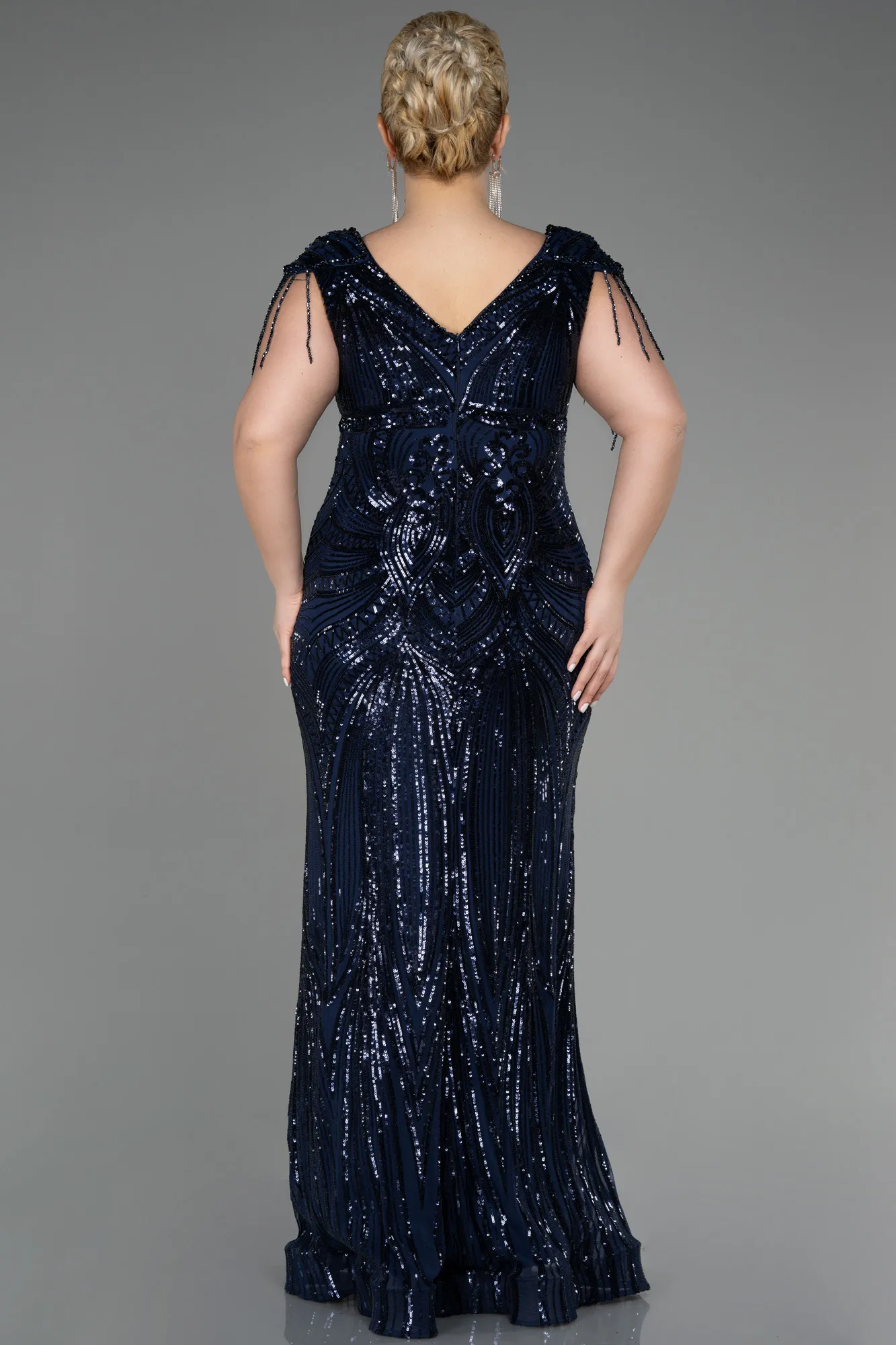 Navy Blue-Beaded Detailed V Neck Evening Gown ABU3730