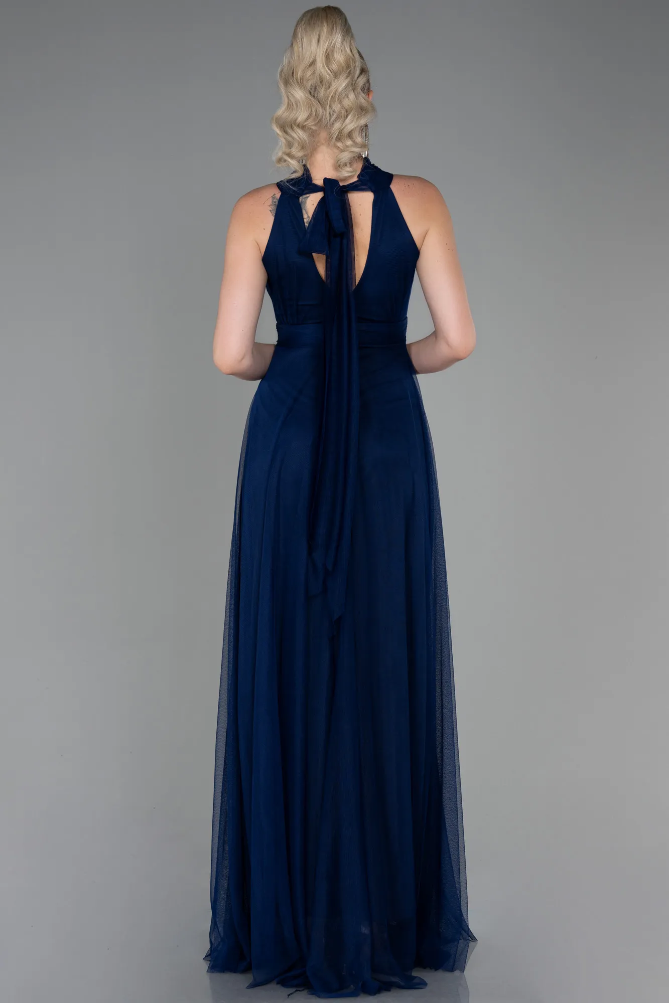 Navy Blue-Halter Neck Long Graduation Prom Dress ABU3252