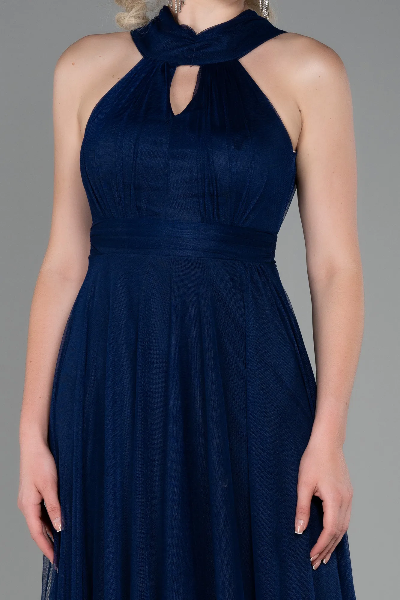 Navy Blue-Halter Neck Long Graduation Prom Dress ABU3252