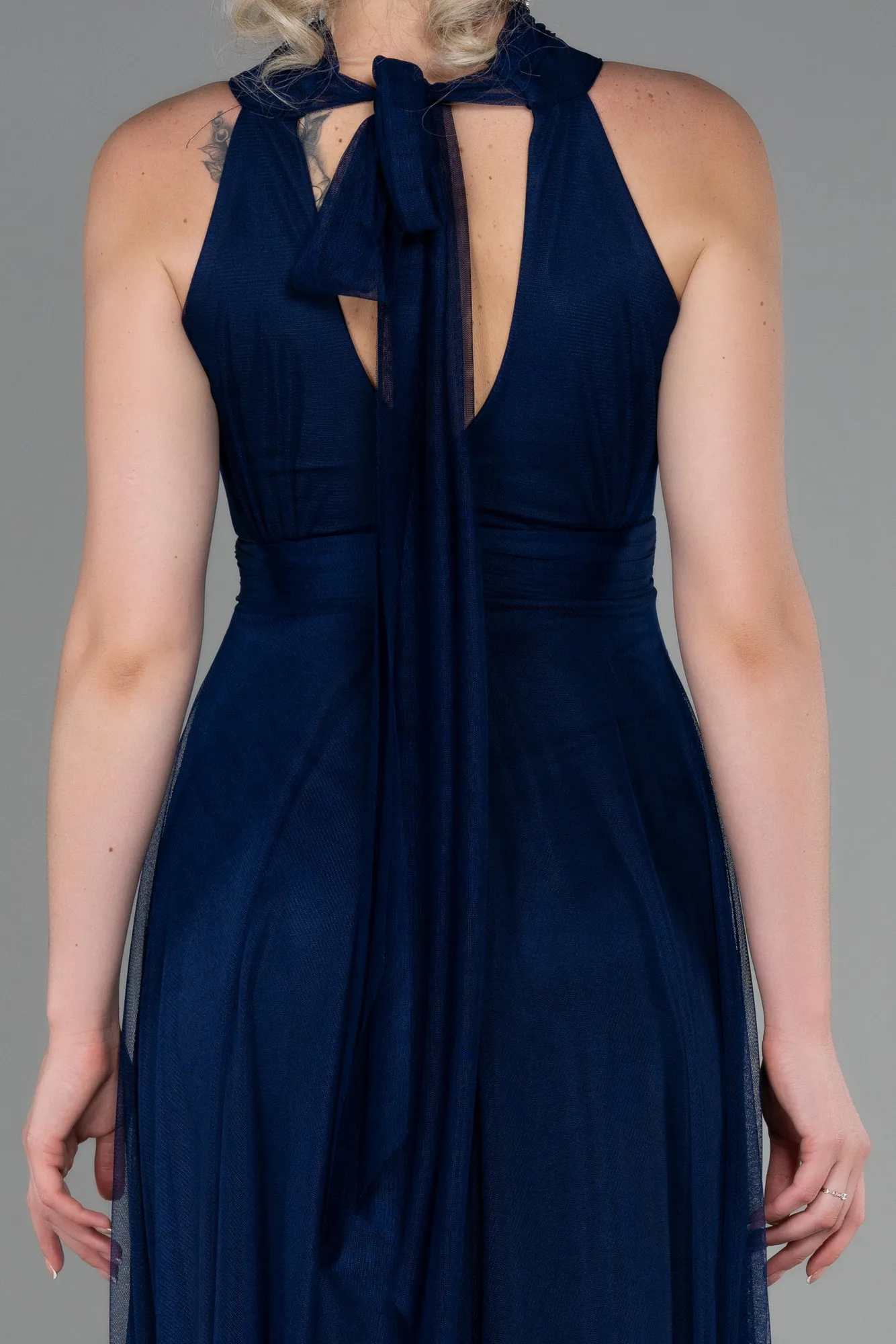 Navy Blue-Halter Neck Long Graduation Prom Dress ABU3252