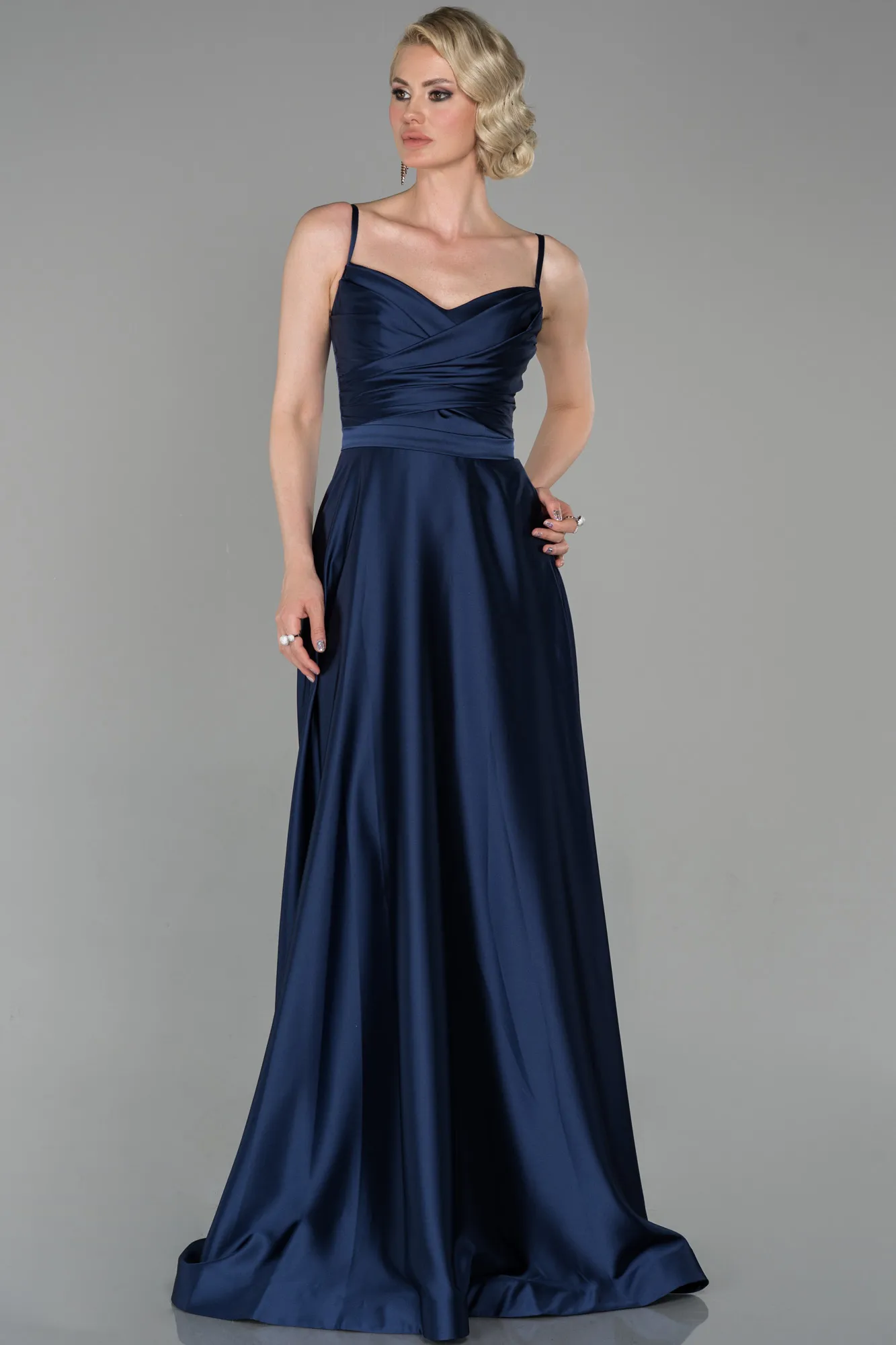 Navy Blue-Long Satin Evening Dress ABU1601