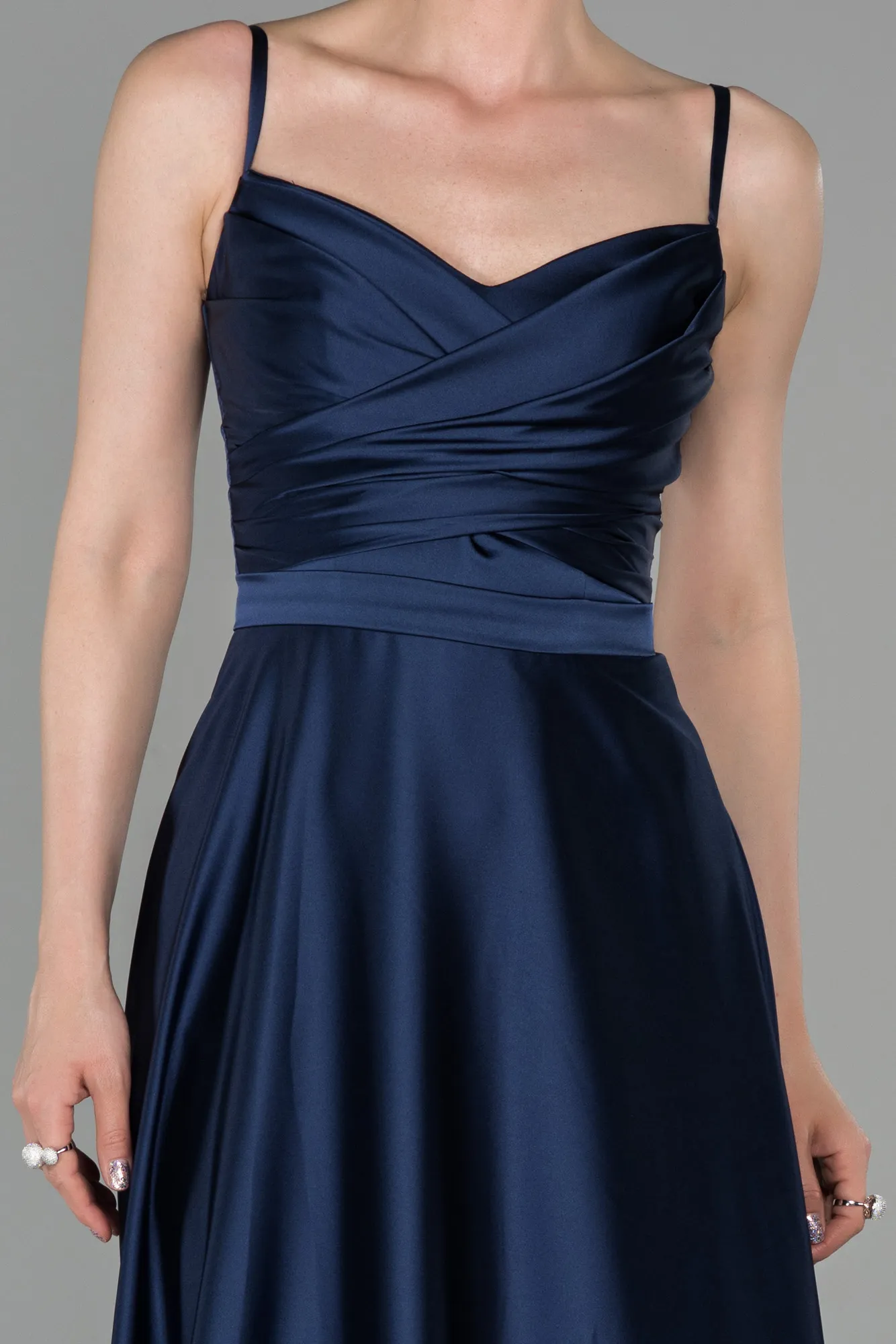 Navy Blue-Long Satin Evening Dress ABU1601