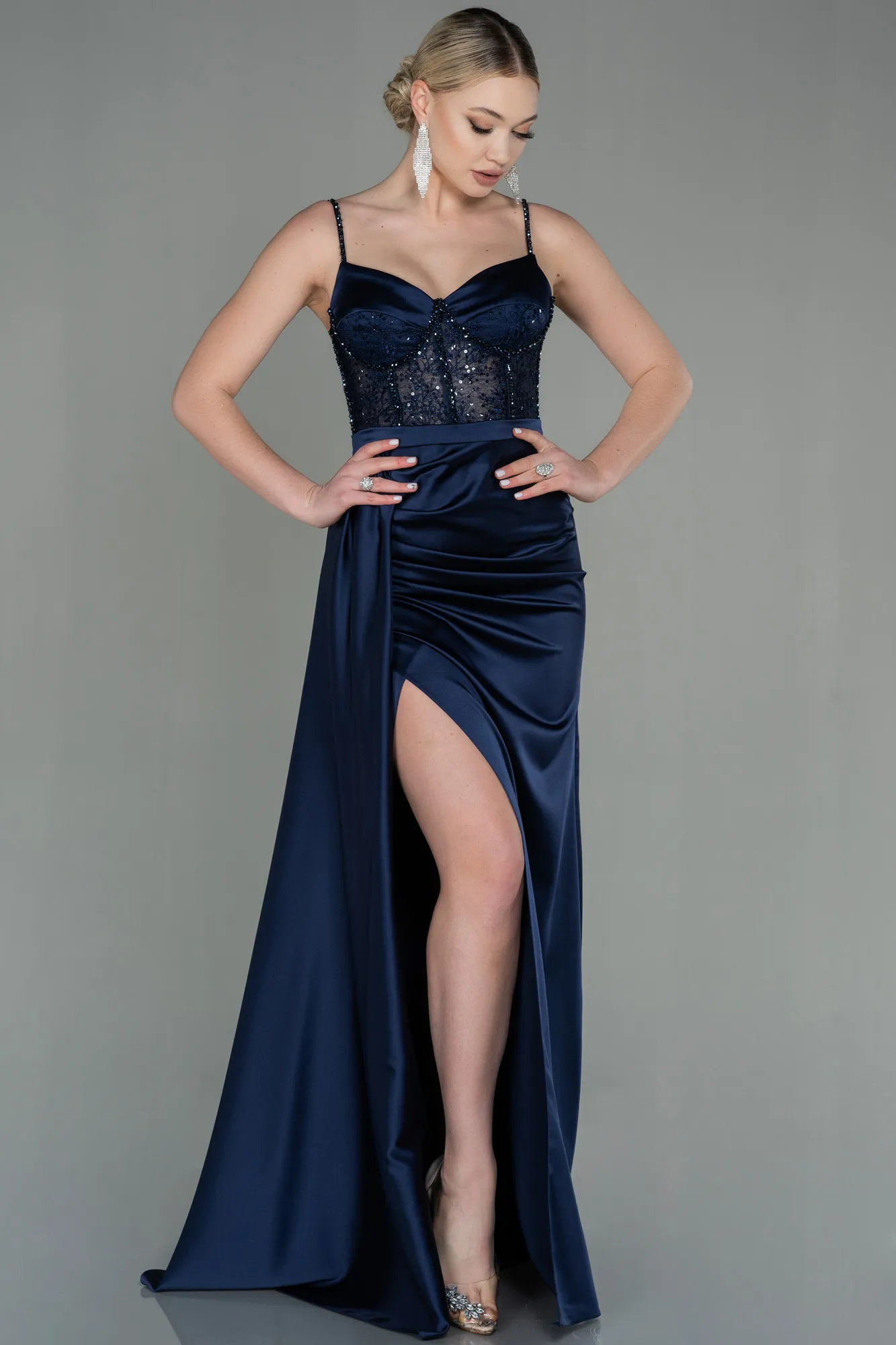 Navy Blue-Long Satin Evening Dress ABU2130