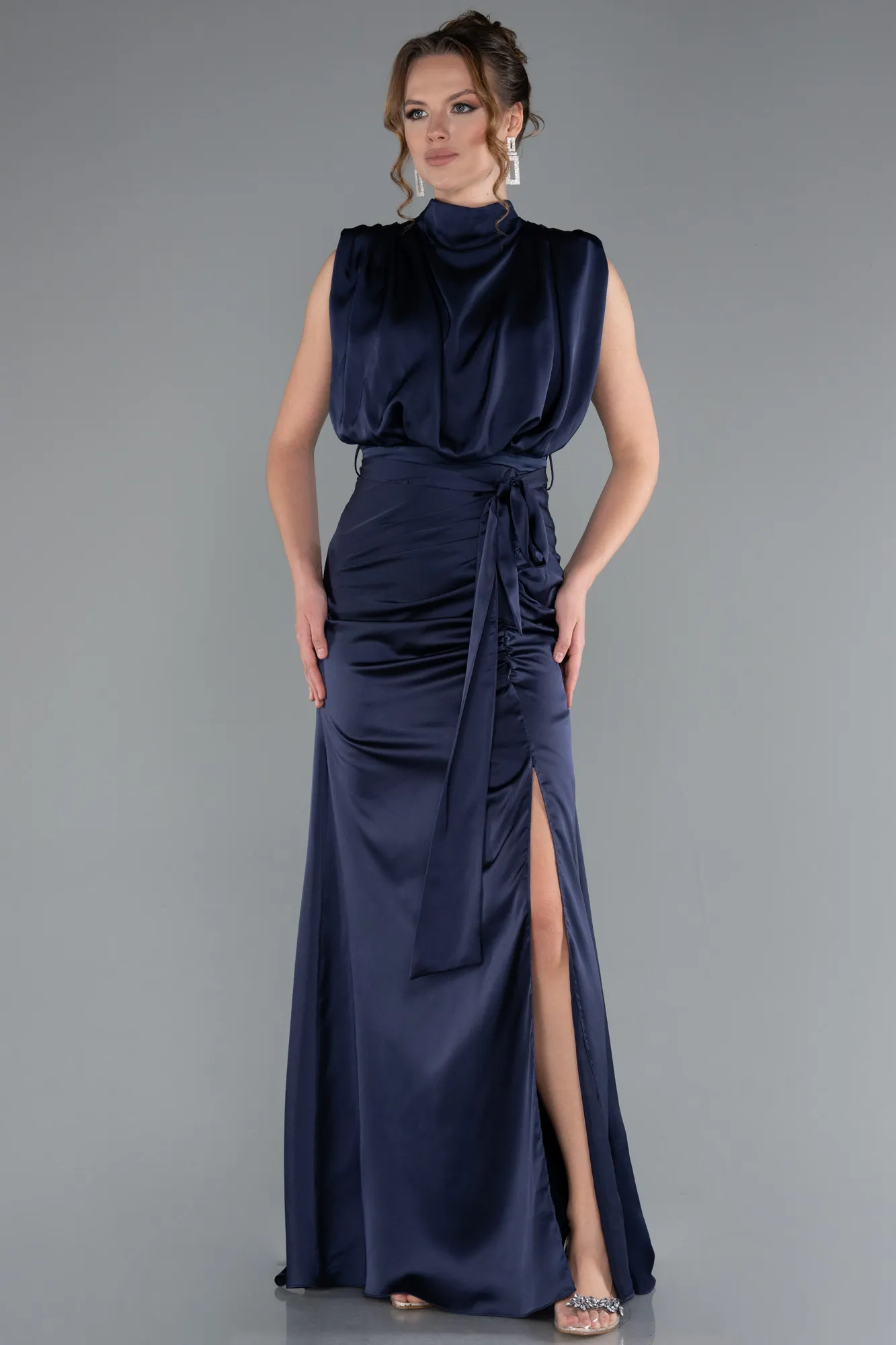 Navy Blue-Long Satin Evening Dress ABU2133