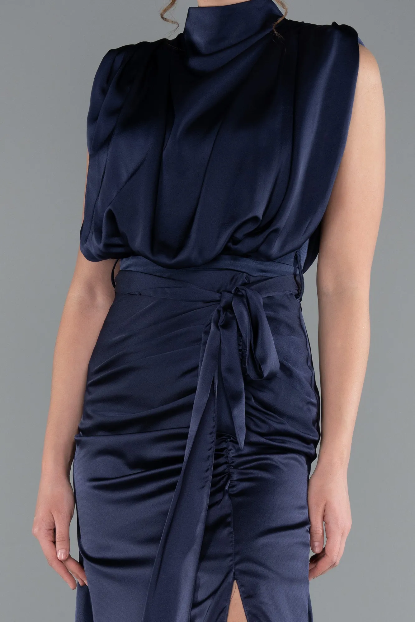 Navy Blue-Long Satin Evening Dress ABU2133