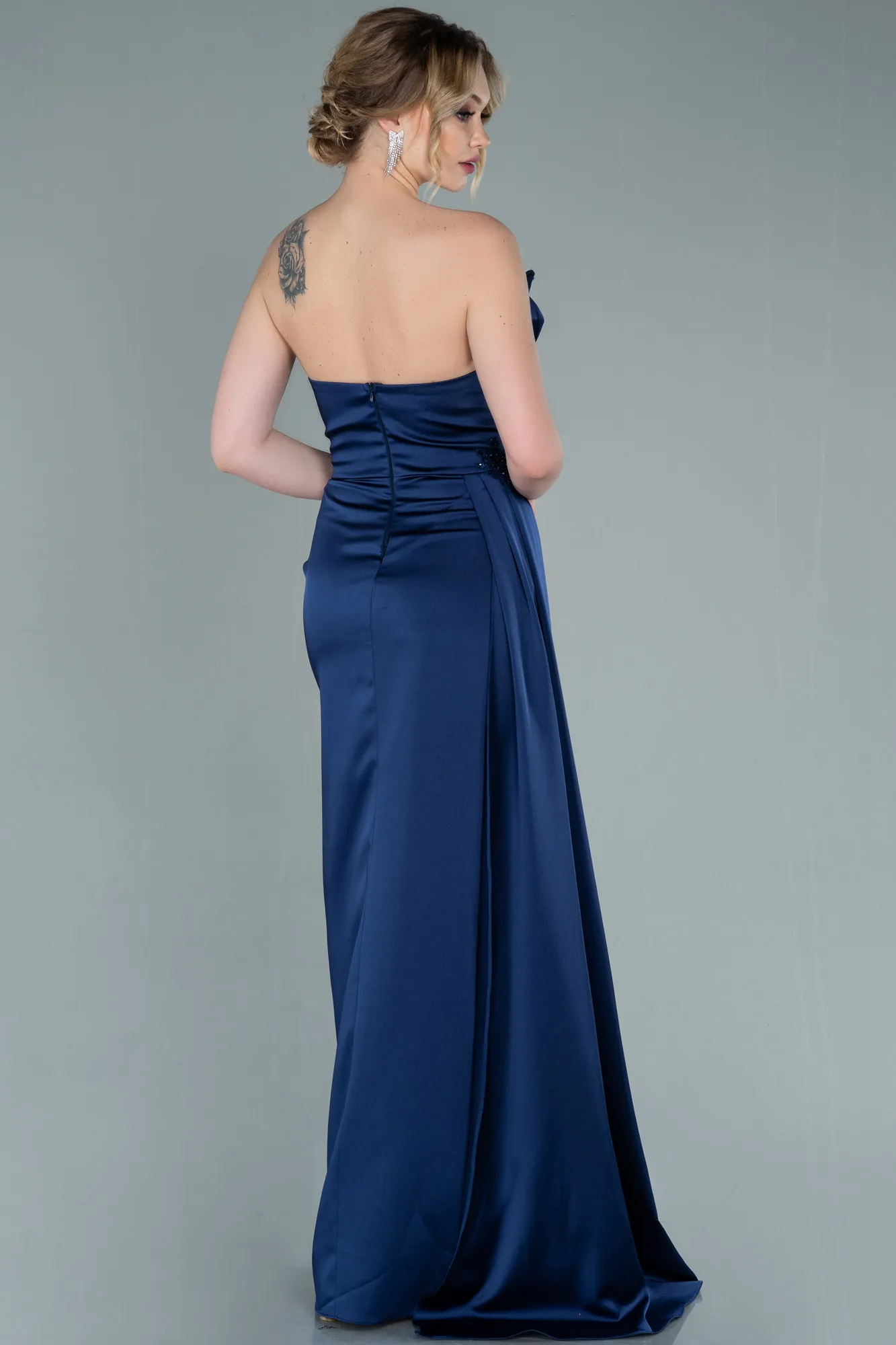 Navy Blue-Long Satin Evening Dress ABU2323