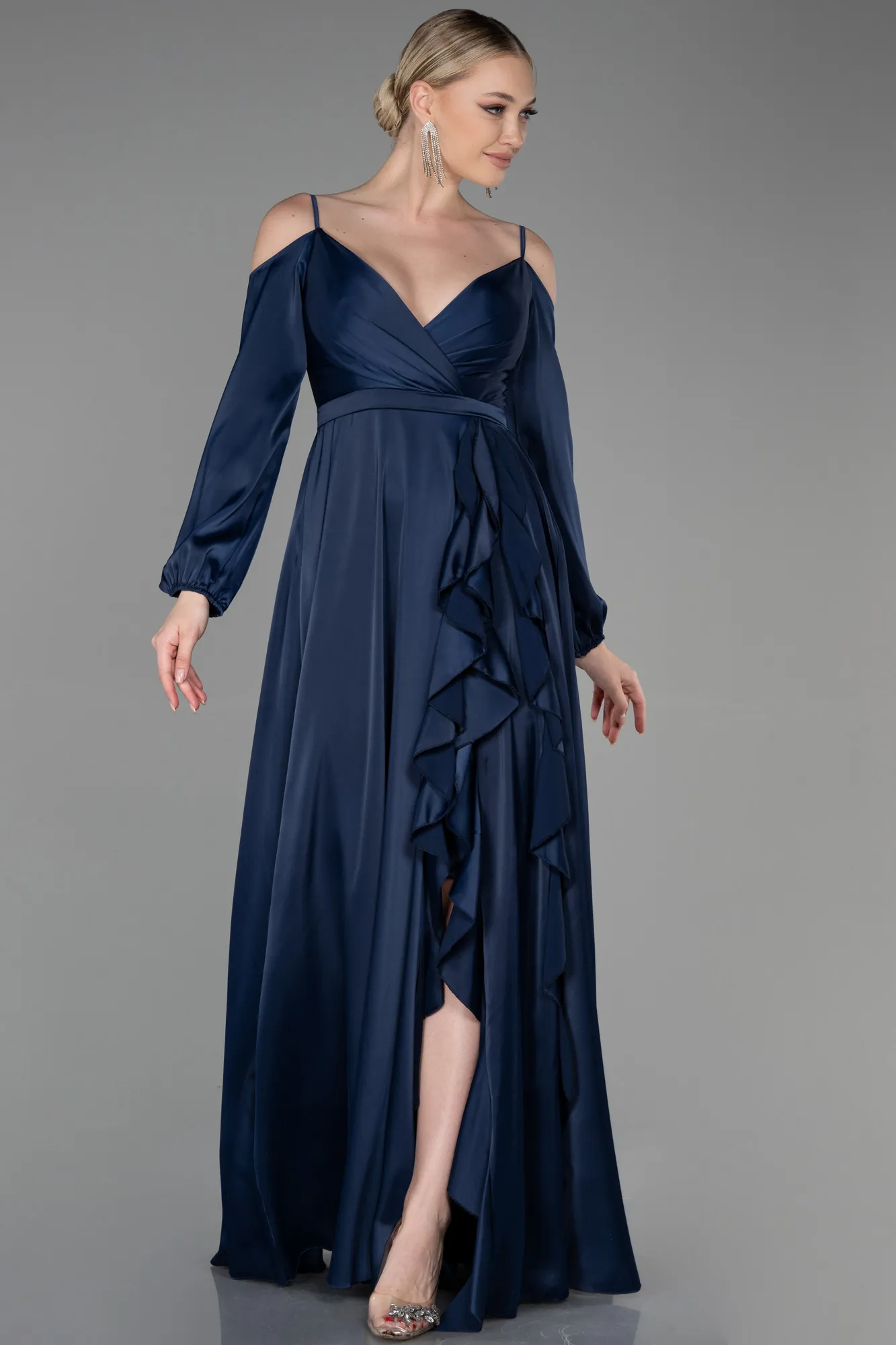 Navy Blue-Long Satin Evening Dress ABU2339
