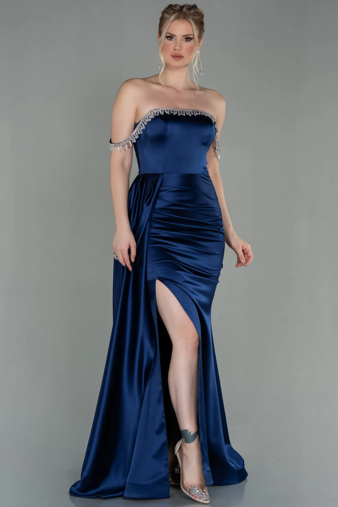 Navy Blue-Long Satin Evening Dress ABU2618