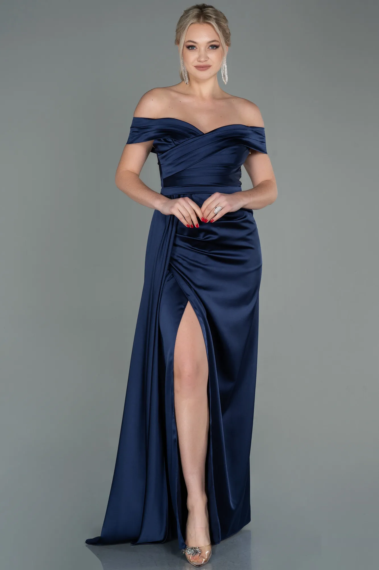 Navy Blue-Long Satin Evening Dress ABU2751