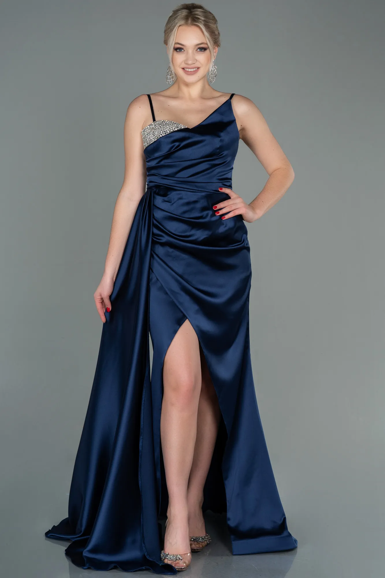Navy Blue-Long Satin Evening Dress ABU2768