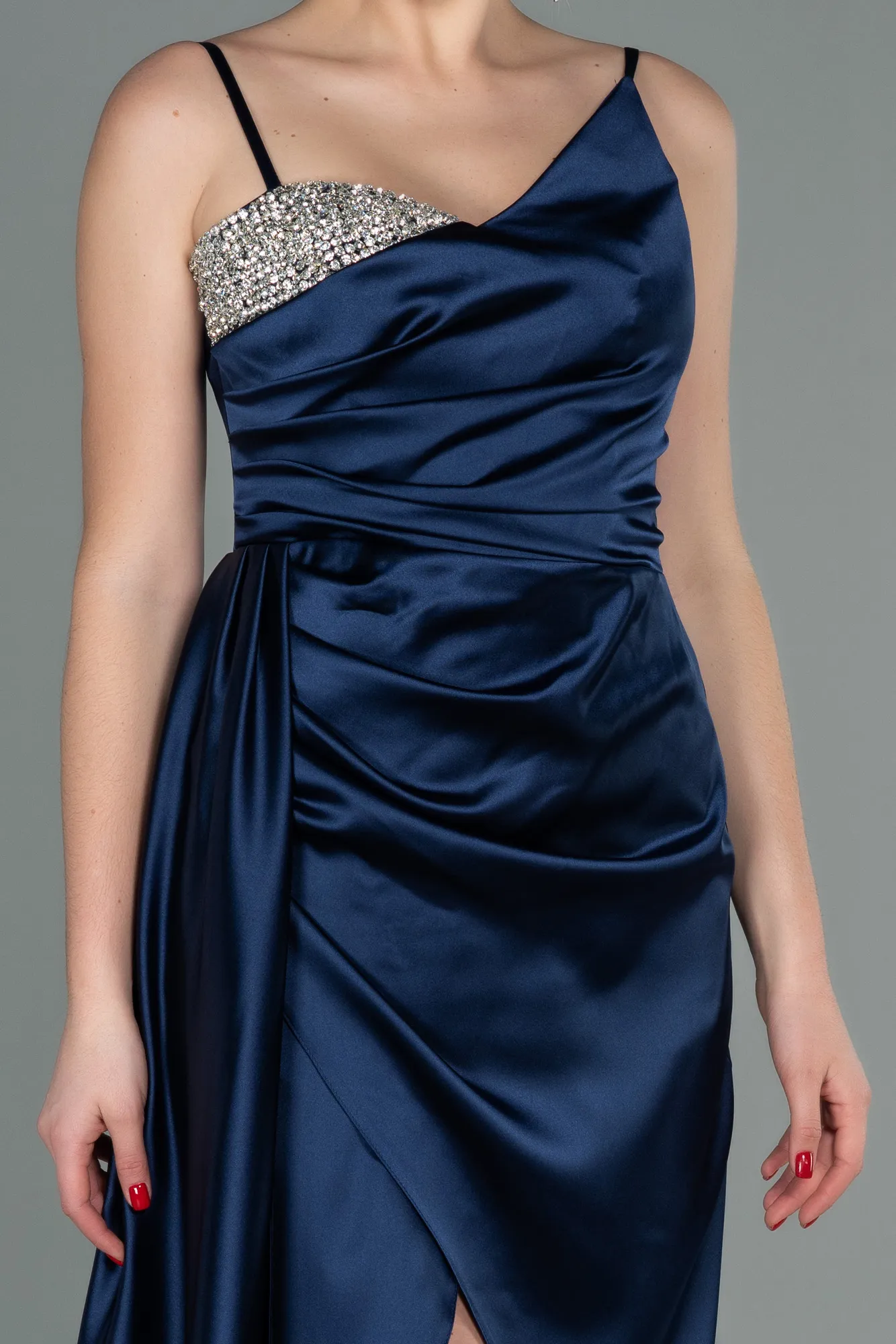 Navy Blue-Long Satin Evening Dress ABU2768
