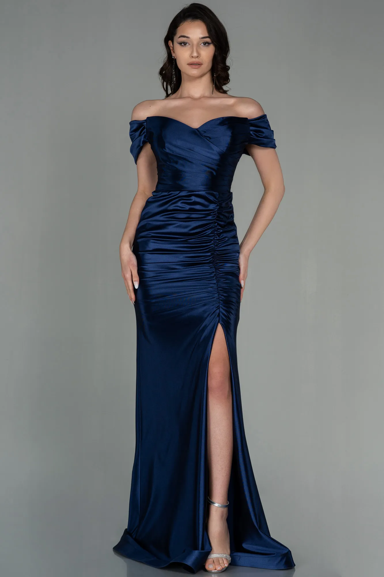 Navy Blue-Long Satin Evening Dress ABU2814