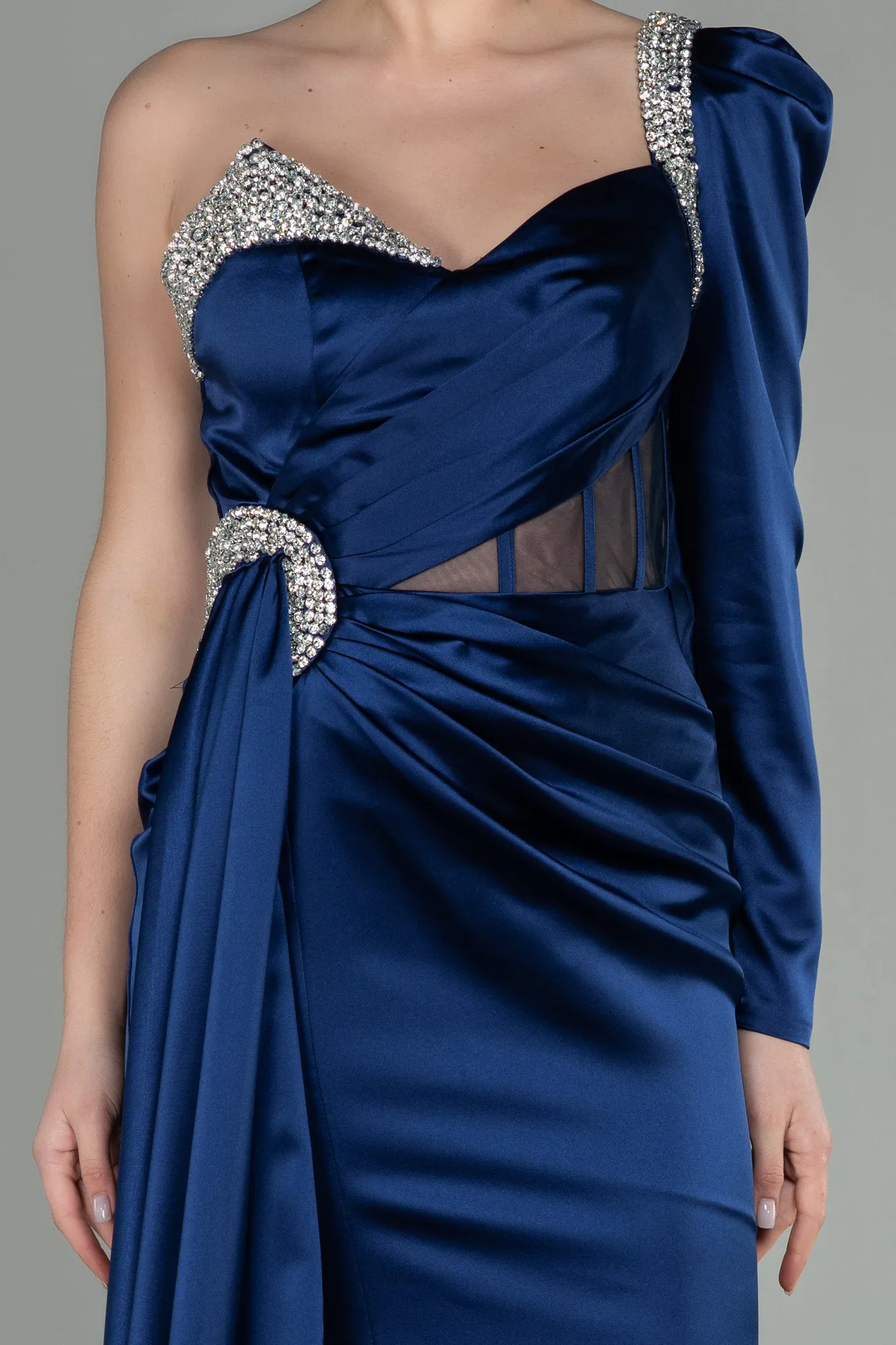 Navy Blue-Long Satin Evening Dress ABU2831