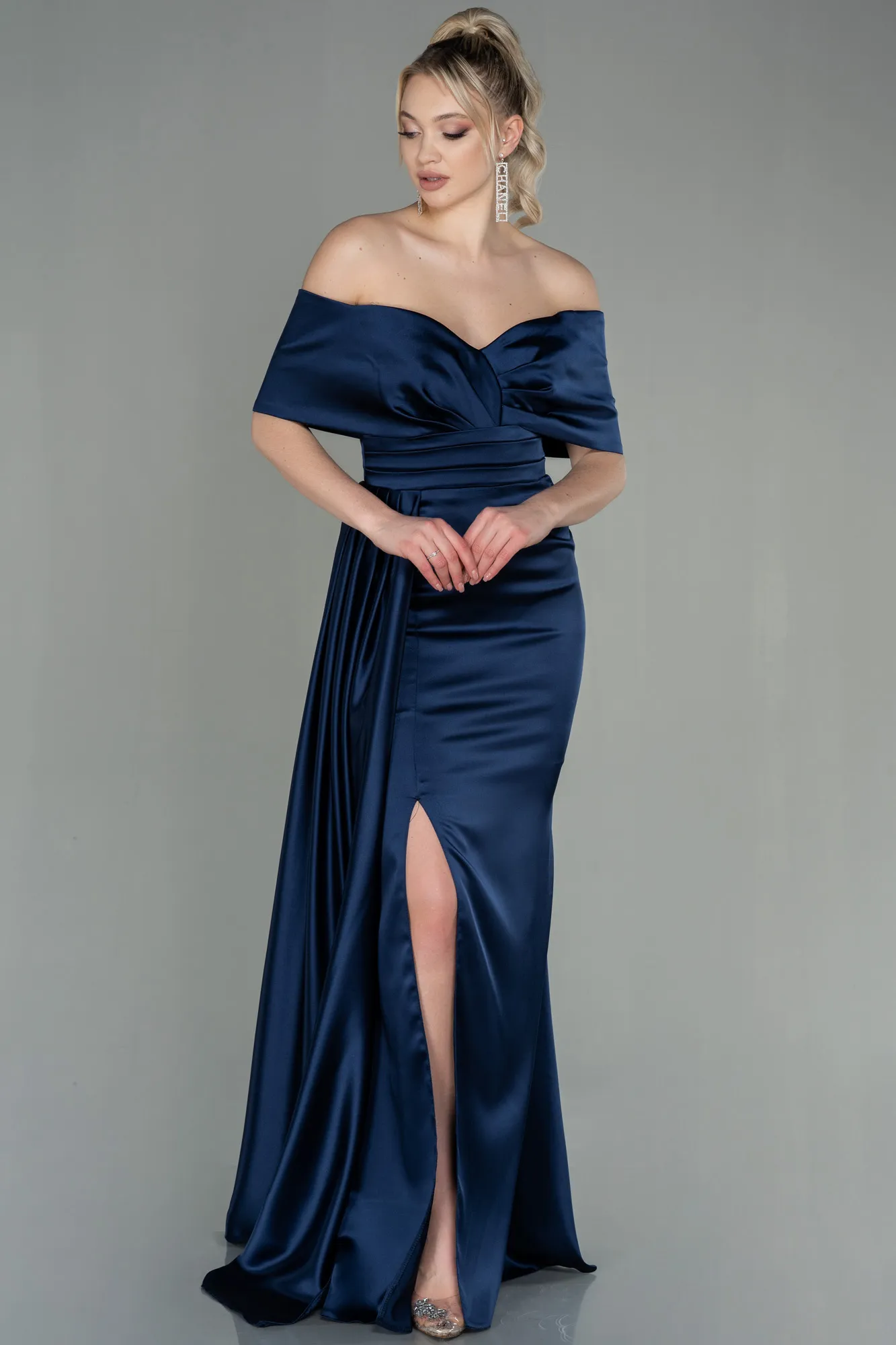 Navy Blue-Long Satin Evening Dress ABU2893