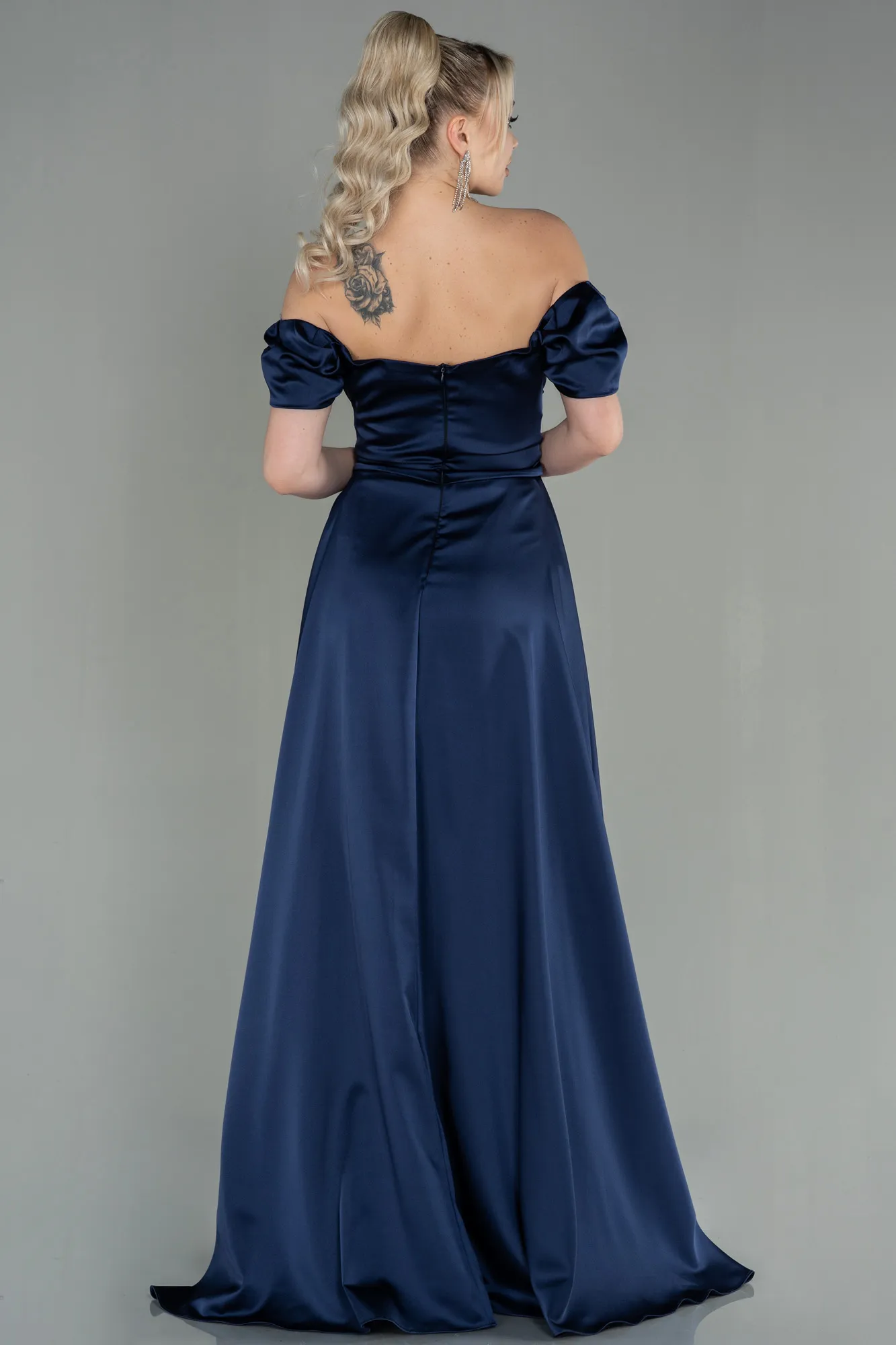 Navy Blue-Long Satin Evening Dress ABU2903