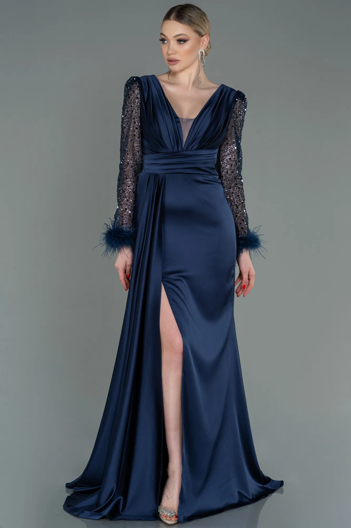 Navy Blue-Long Satin Evening Dress ABU3080
