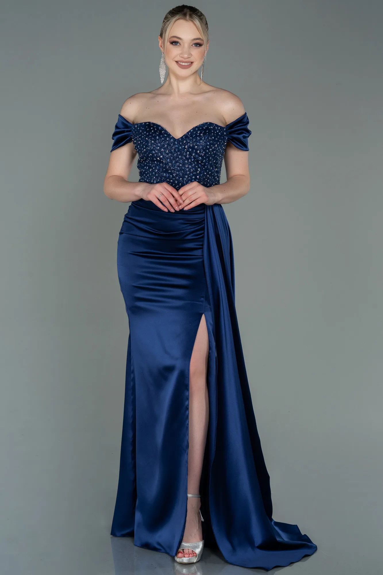 Navy Blue-Long Satin Evening Dress ABU3187