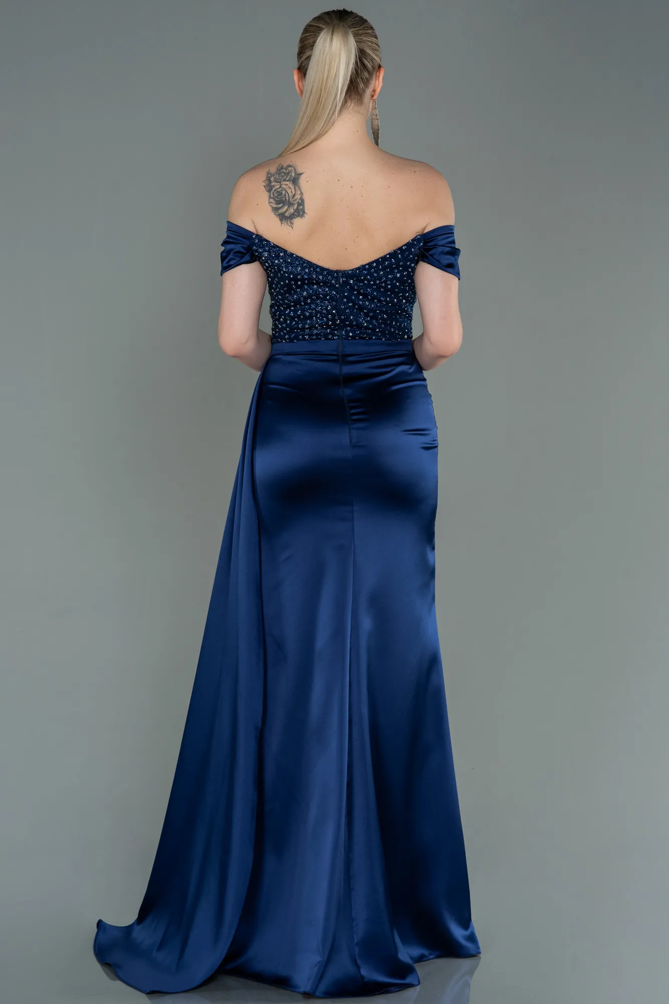 Navy Blue-Long Satin Evening Dress ABU3187